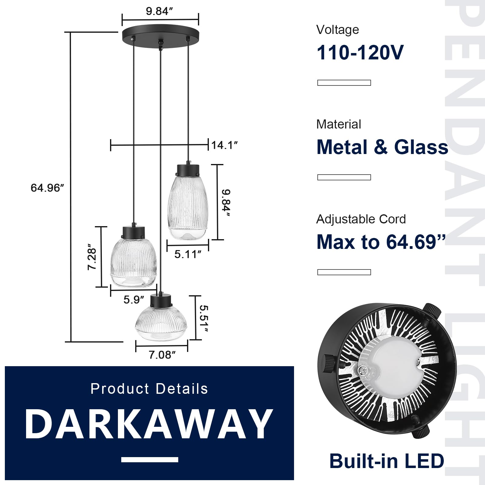 3-Light Hanging Pendant Lights, 7inch Modern Cognac Glass Shade Adjustable Height Pendant Light Fixture， E26 Base Pendant Light for Kitchen Island Living Room Hallway Lighting