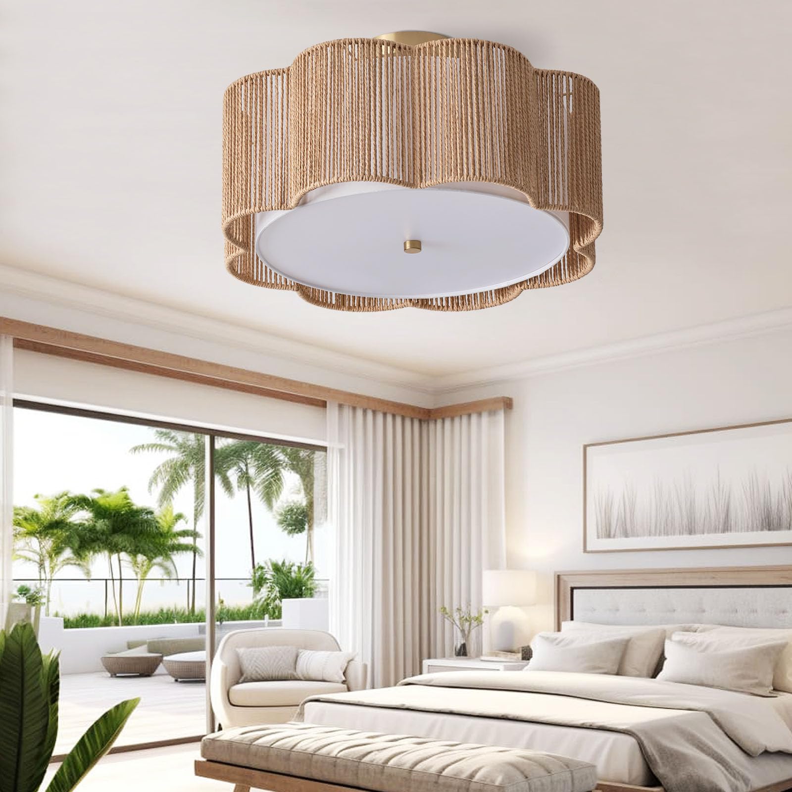 Rattan Ceiling Light Fixtures Flush Mount,3-Light Boho Light Fixtures Ceiling Mount for Bedroom,Close to Ceiling Light Modern Rattan Chandelier Lighting for Hallway Kitchen Dining Room(Yellow)