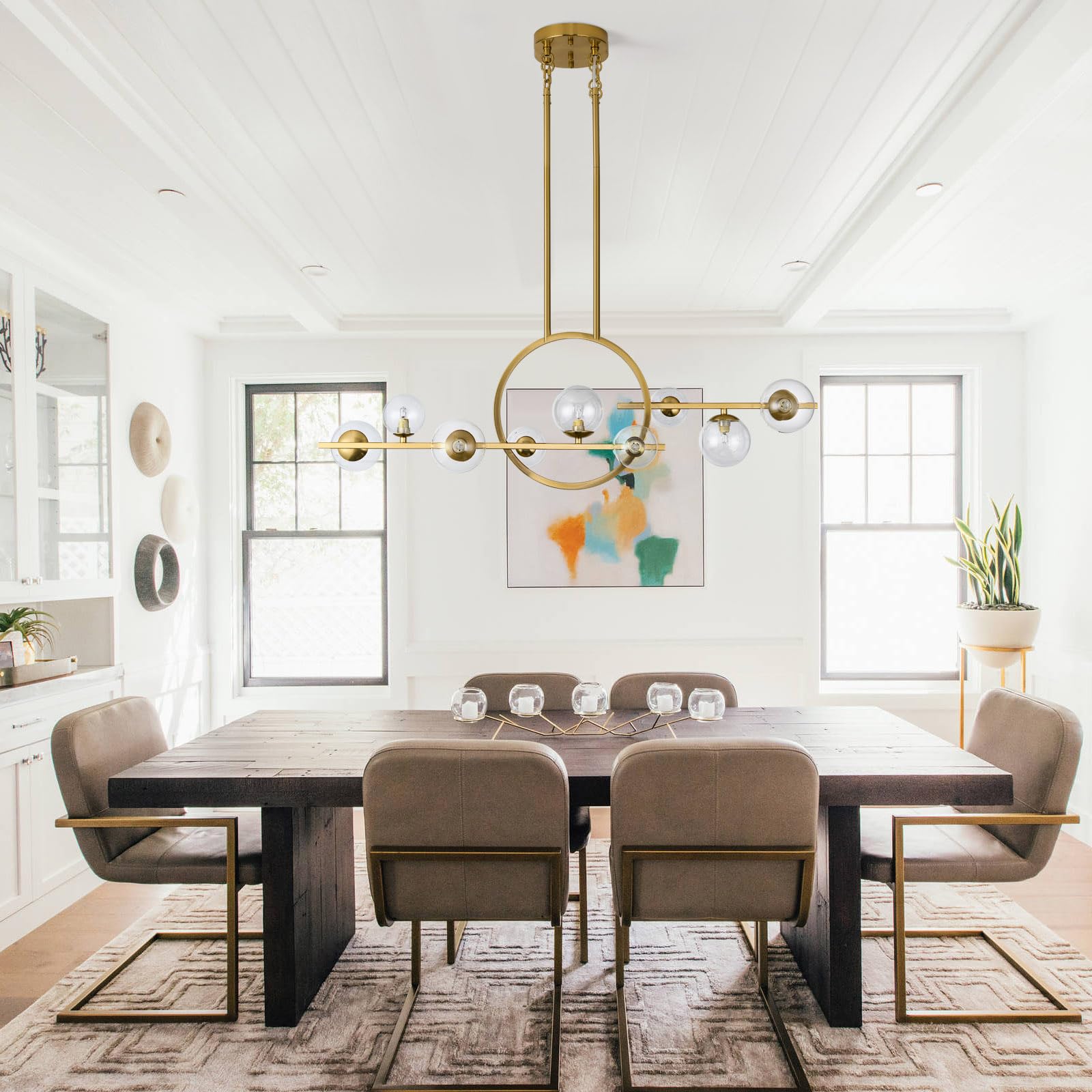 Modern Gold Chandelier for Dining Room Over Table Above Kitchen Island 9-Light Fixture Hanging Farmhouse Lighting Fixtures Ceiling Pendant Linear Chandelier with Clear Glass Globe Shade-Brushed Golden