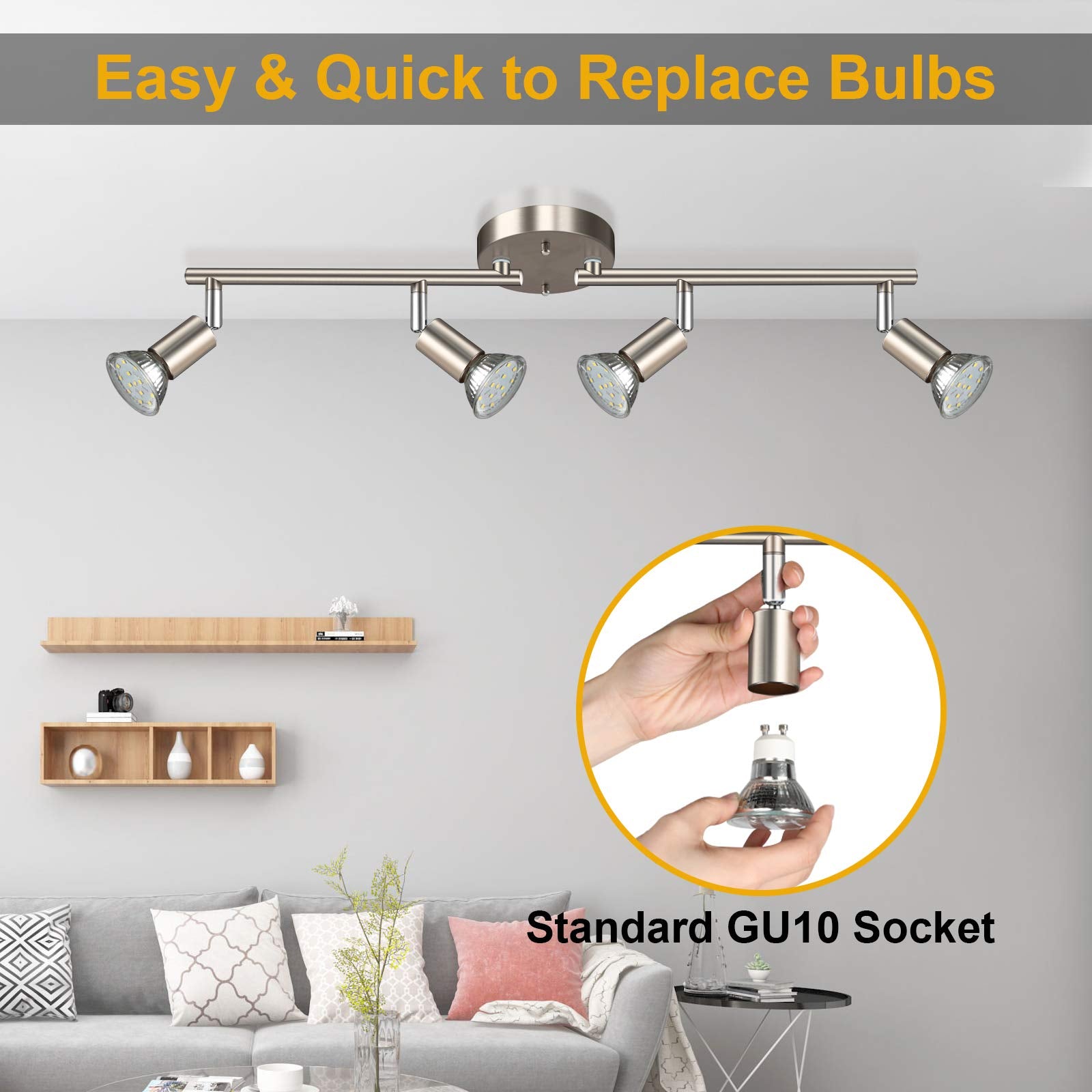 4-Light LED Track Lighting Kit, Flexibly Rotatable Light Heads, 4 Way Ceiling Spotlight Matt Nickel Finish, Including 4 GU10 LED Bulbs (4W 400LM Daylight White 5000K)