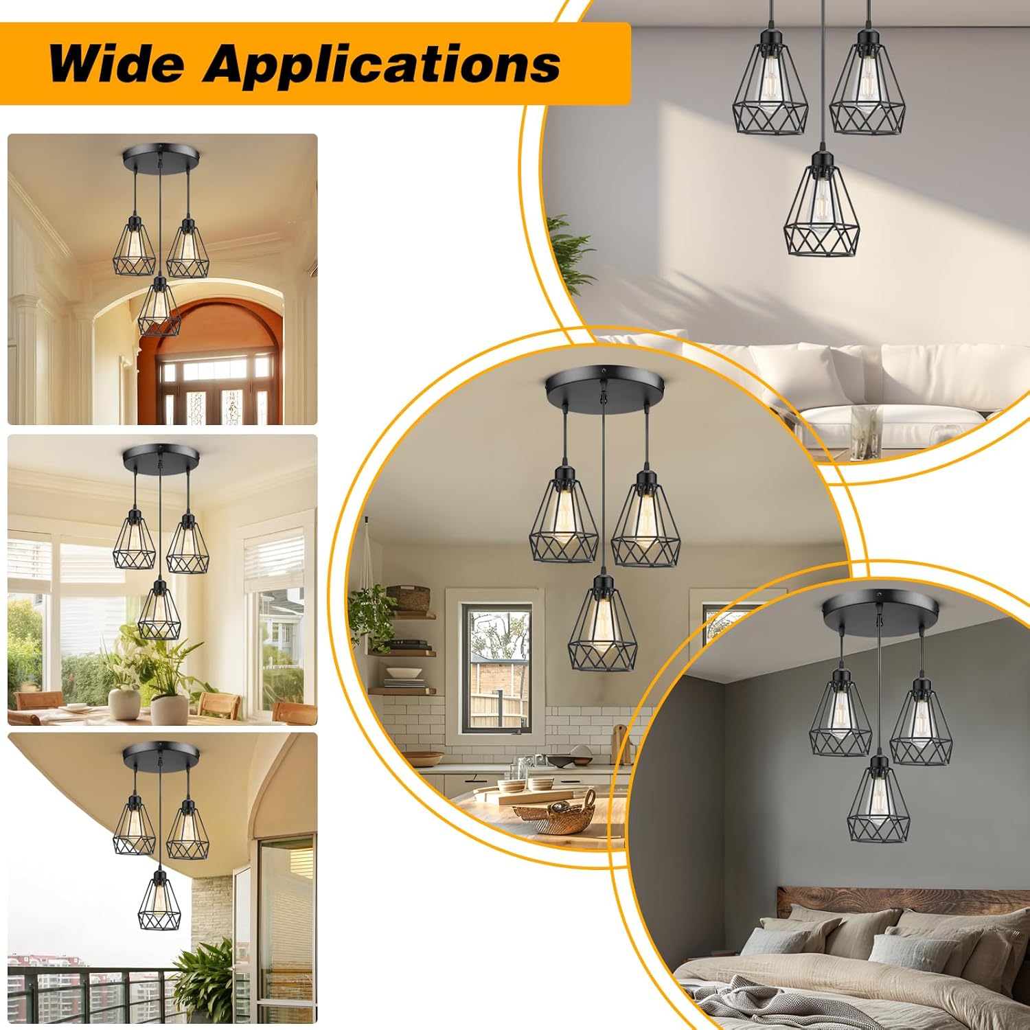 Industrial 3-Light Pendant Light Fixtures, Adjustable Farmhouse Hanging Pendant Lighting for Kitchen Island, E26 Base, Black Metal Cage Pendant Ceiling Lamp for Dining Room Kitchen