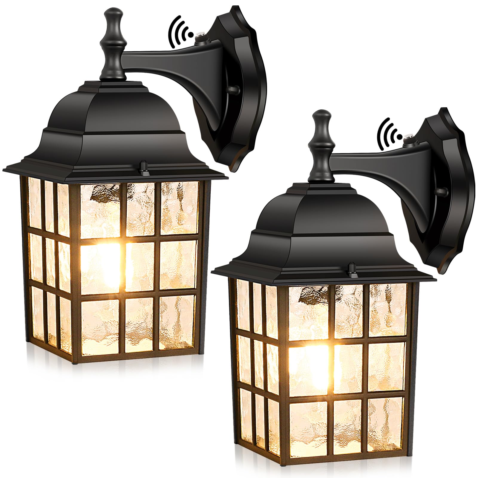 2-Pack Outdoor Wall Lantern, Exterior Light Fixtures Wall Mount with Photocell Sensor, Black Wall Light Waterproof, Waterfall Glass Outside Wall Sconce for Porch House Garage