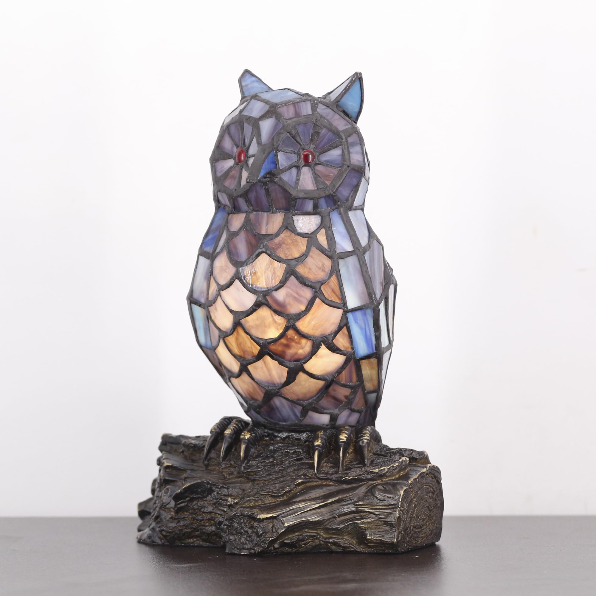 Small Tiffany Lamp Stained Glass Animal Table Lamp Mini Accent Desk Night Light (Blue Purple Owl)