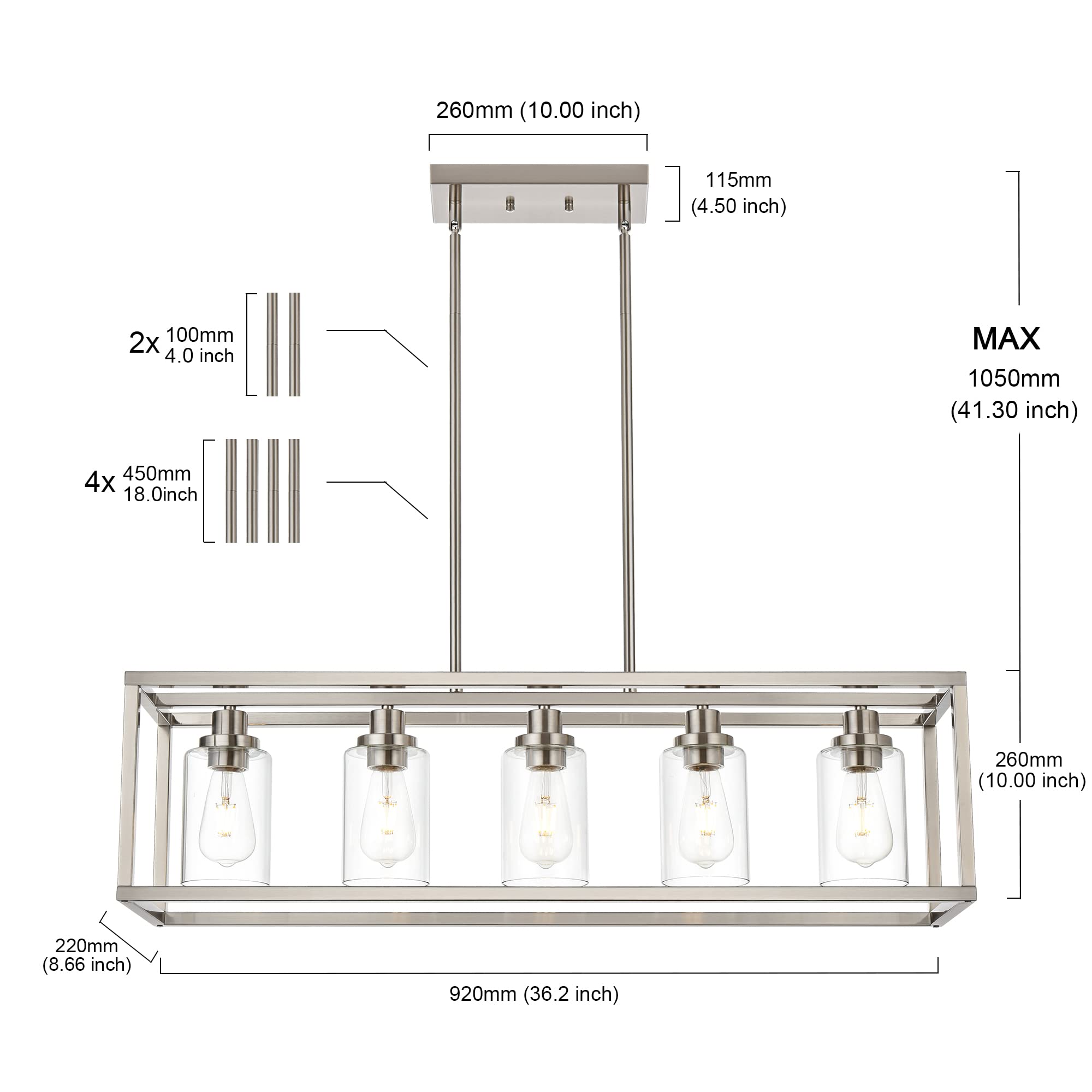 MELUCEE Black Chandeliers Rectangle 5 Lights Dining Room Lighting Fixtures Hanging Over Table, Kitchen Island Lighting Linear Pendant Light Ceiling with Clear Glass Shade and Brushed Brass Socket