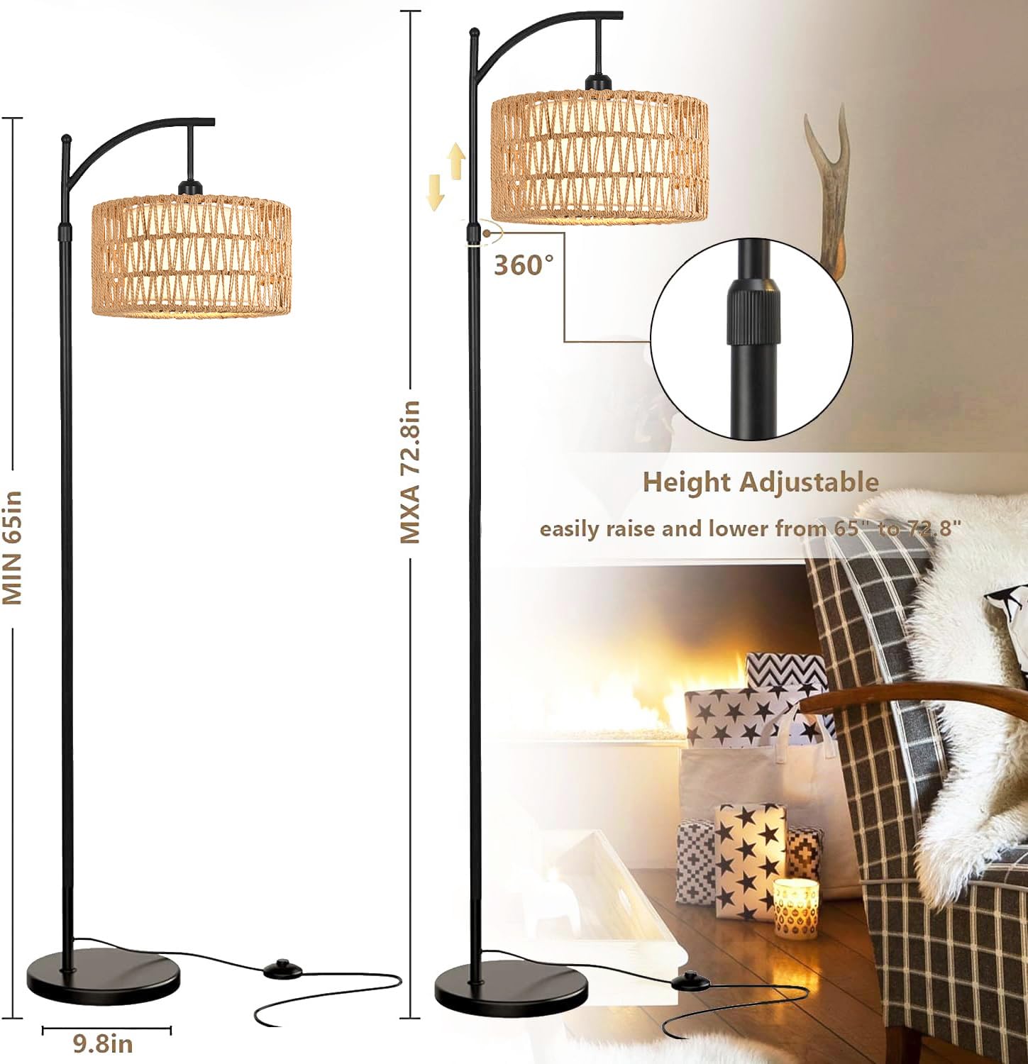 Floor Lamp for Living Room Bedroom with Remote Boho Rattan Arc Standing Lamp Dimmable Black Farmhouse Wicker Bamboo Lamp Shade Floor Light Adjustable Tall Lamp Industrial Floor Lamps Bohemian