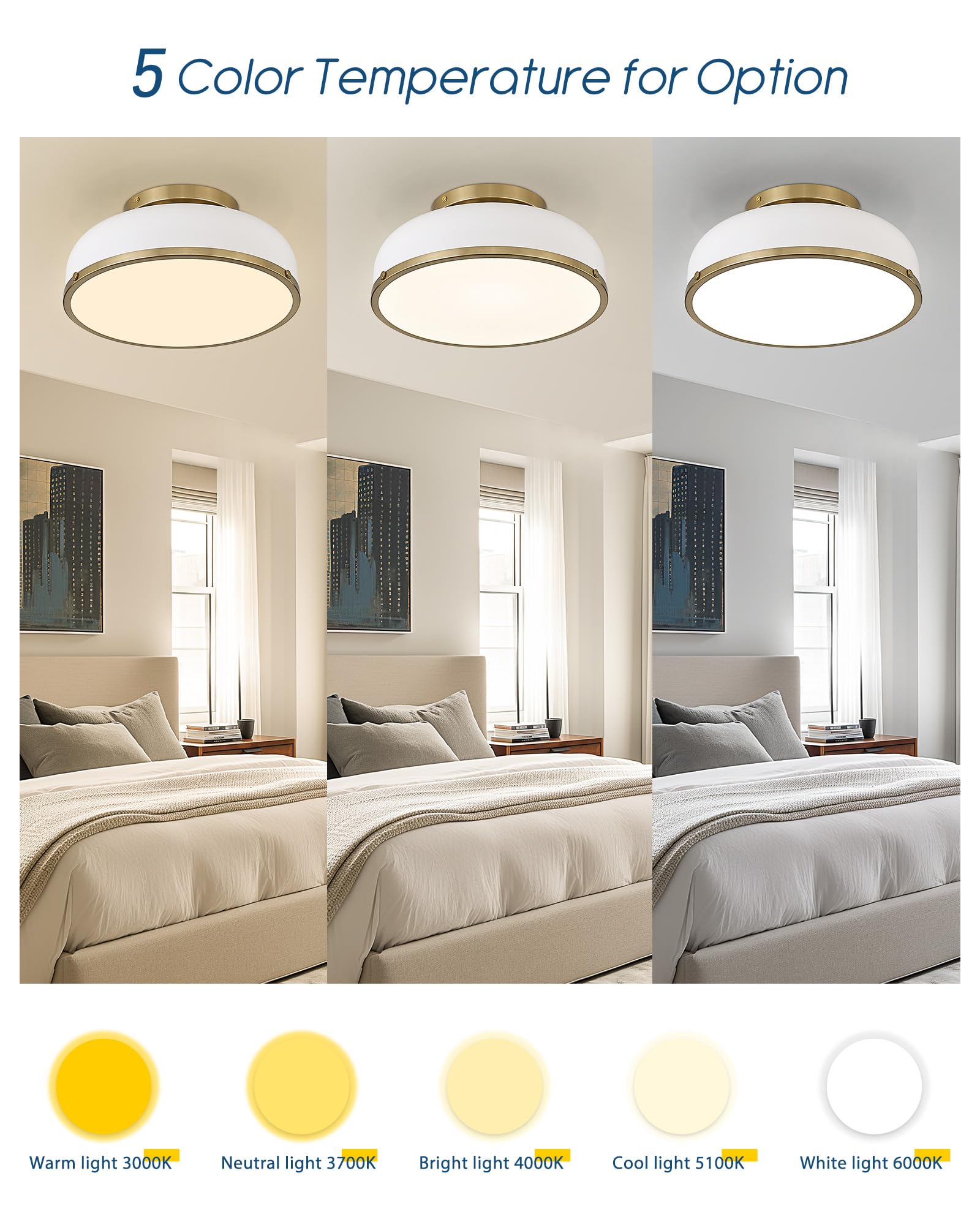 Ceiling Light, 12-inch LED Flush Mount Ceiling Light, Black and Gold Finish, 24W/1100lm Light Fixtures ceiling mount for Living Room, Bedroom, 3000K/3700K/4500K/5100K/6000K Adjustbale, KDCL15-BK