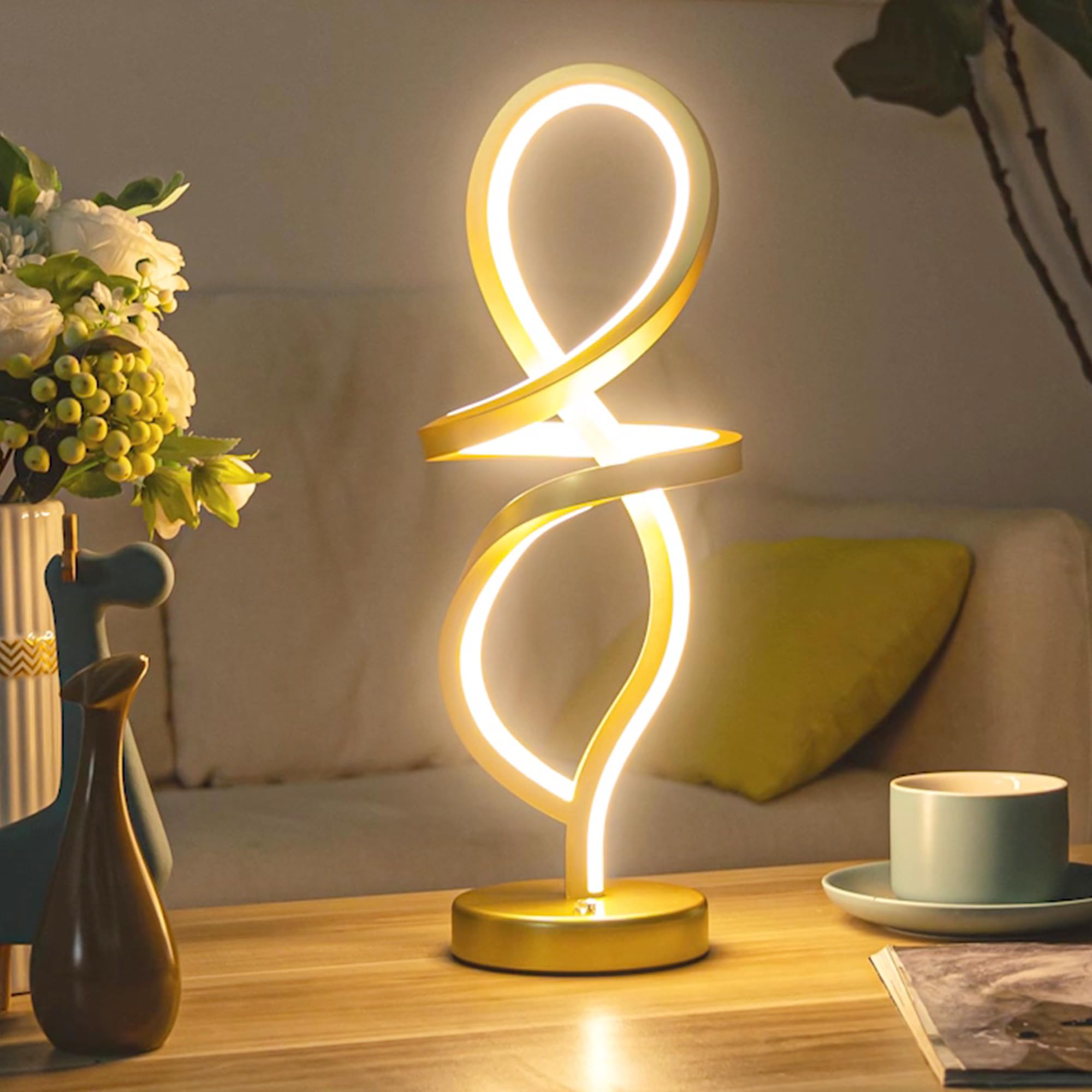 Modern Table Lamp, LED Spiral Lamp, Black Bedside Lamp with Stepless Dimming Switch, Contemporary Nightstand Lamp, LED Lamp for Bedroom Living Room Home Office, 12W, 3200K Warm White