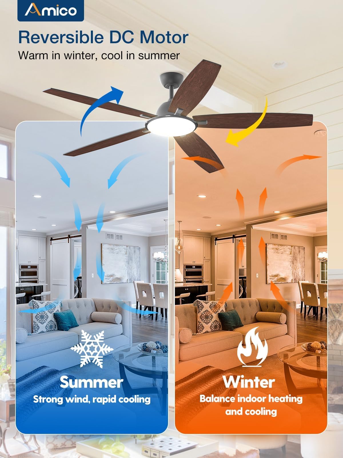 Ceiling Fans with Lights, 52 inch Smart Ceiling Fan with Remote/APP/Alexa Control, Reversible DC Motor, 5 Blades, 6 Speeds, 3CCT, Dimmable, Noiseless, Wifi Ceiling Fan for Bedroom, Farmhouse