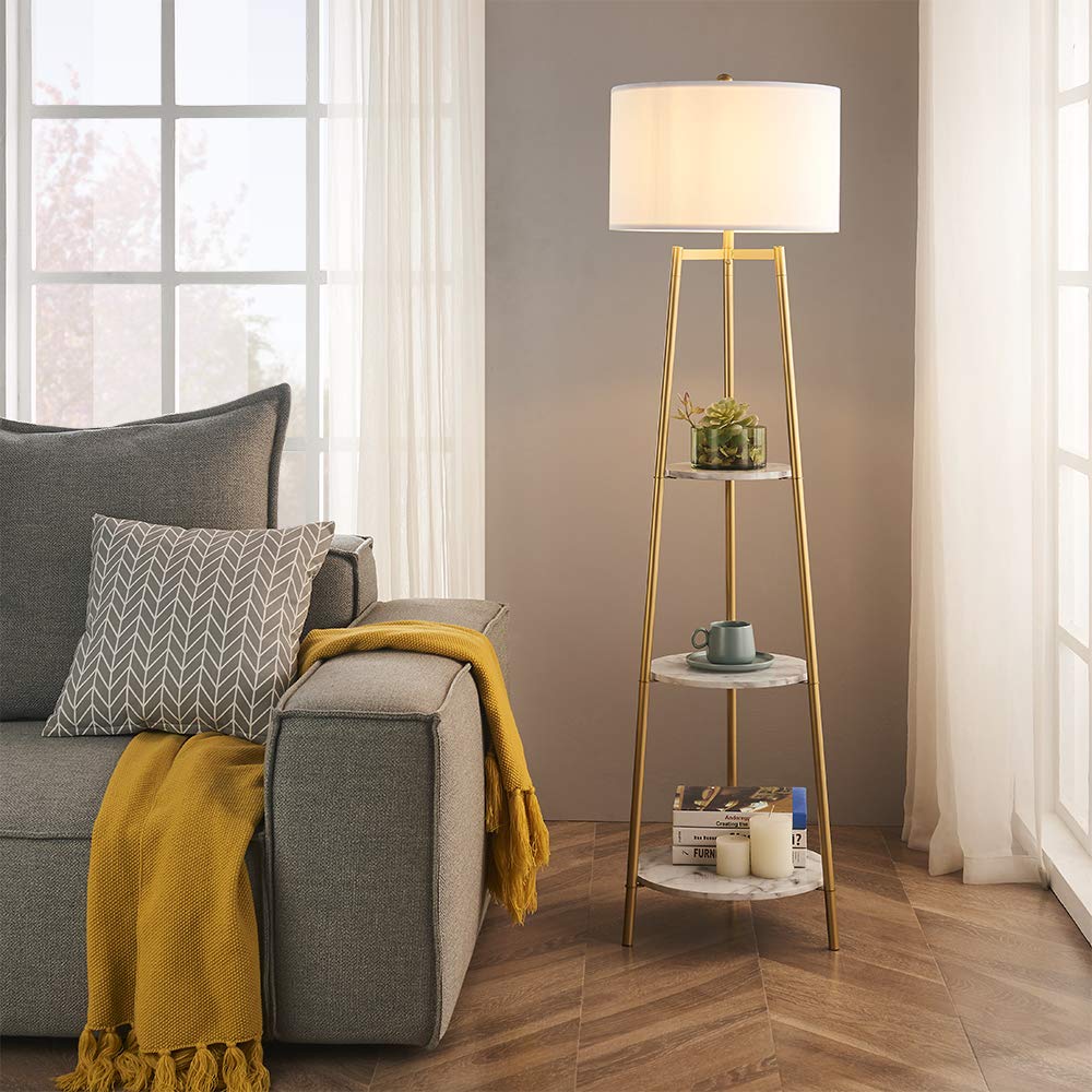 Floor Lamp, Standing Reading Light with Faux Marble Shelves and Fabric Shade, Modern Tall Pole, Accent Furniture Décor Lighting for Living Room, Bedrooms