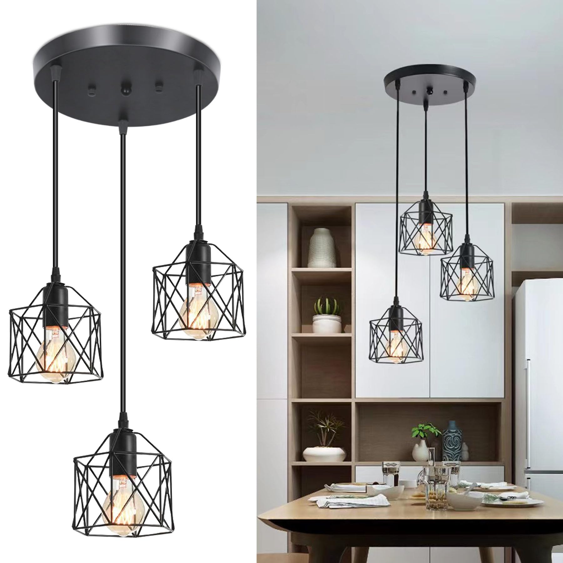 3-Light Hanging Pendant Light Fixtures, Farmhouse Kitchen Island Light Fixture, Industrial Hanging Pendant Lighting for Dining Room Bedroom Hallway, Black Metal Cage Pendant Lamp, E26 Base