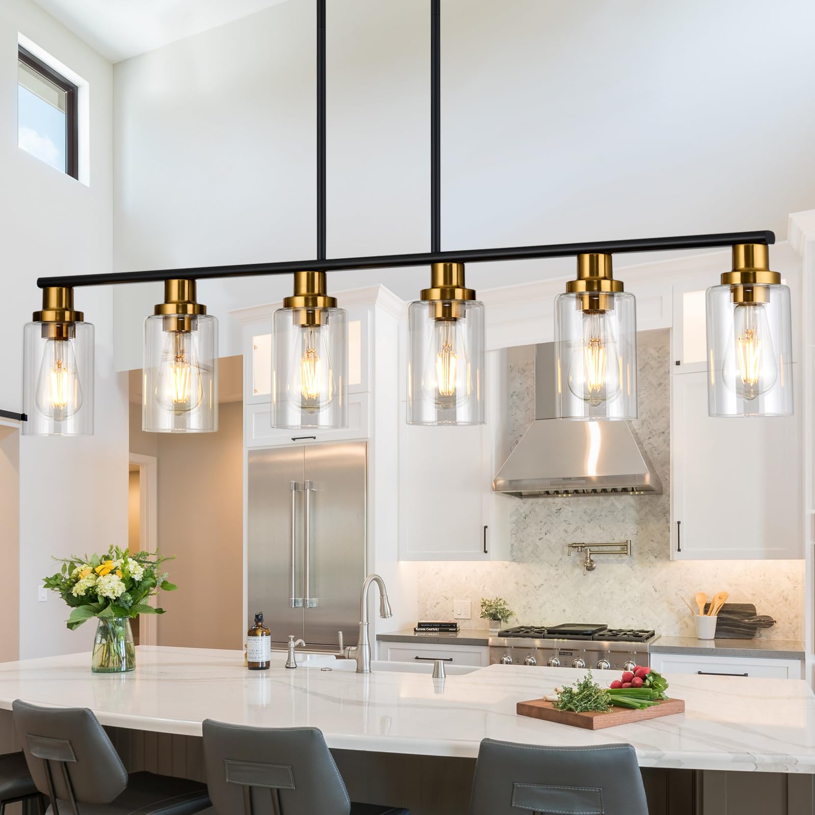 Kitchen Island Lighting, 4-Light Dining Room Light Fixtures Over Table, Gold Linear Chandelier for Dining Room Hanging,Pendant Lights Kitchen Island,with Clear Glass Shade,Height Adjustable