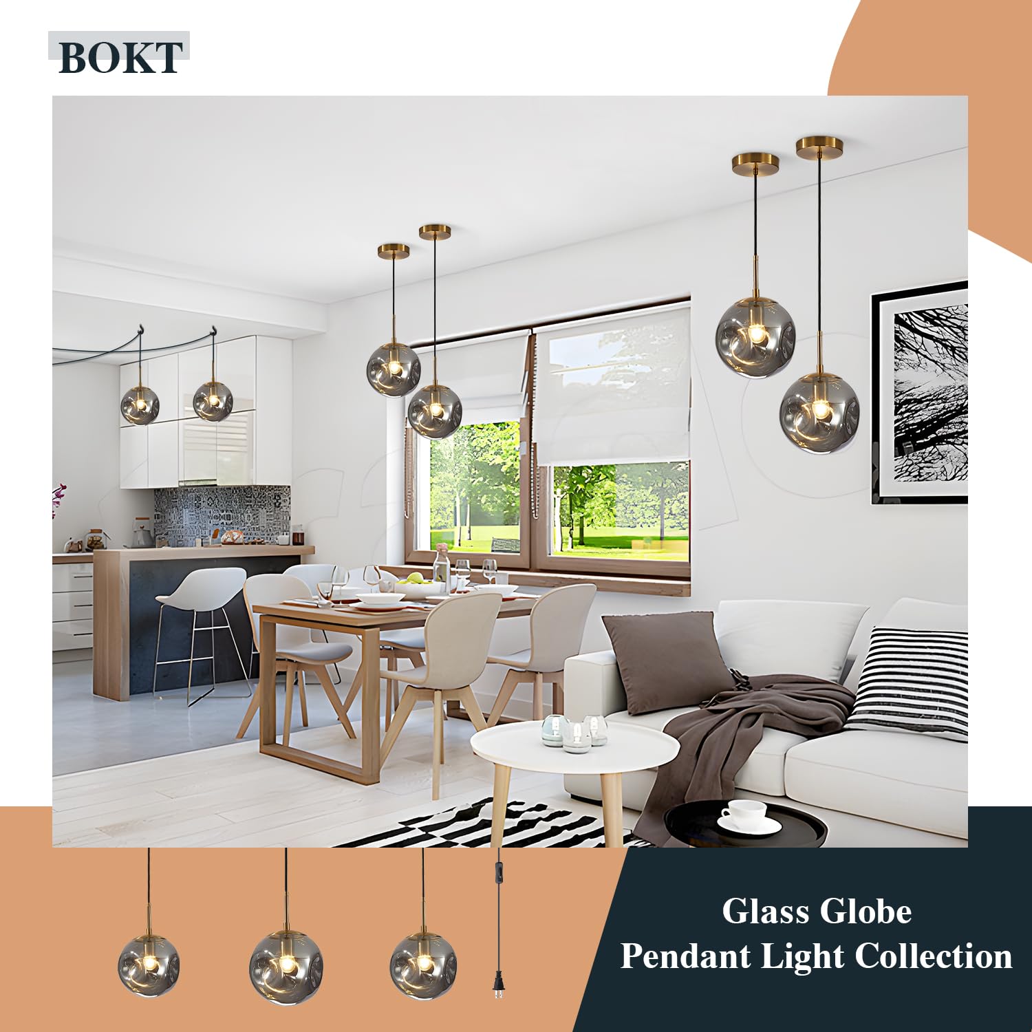 BOKT Modern Gold Kitchen Island Pendant Light Mid Century 3-Lights Globe Pendant Light Fixture Cluster Multi Light Pendant Lighting Bedside Glass Ball Pendant Lamp