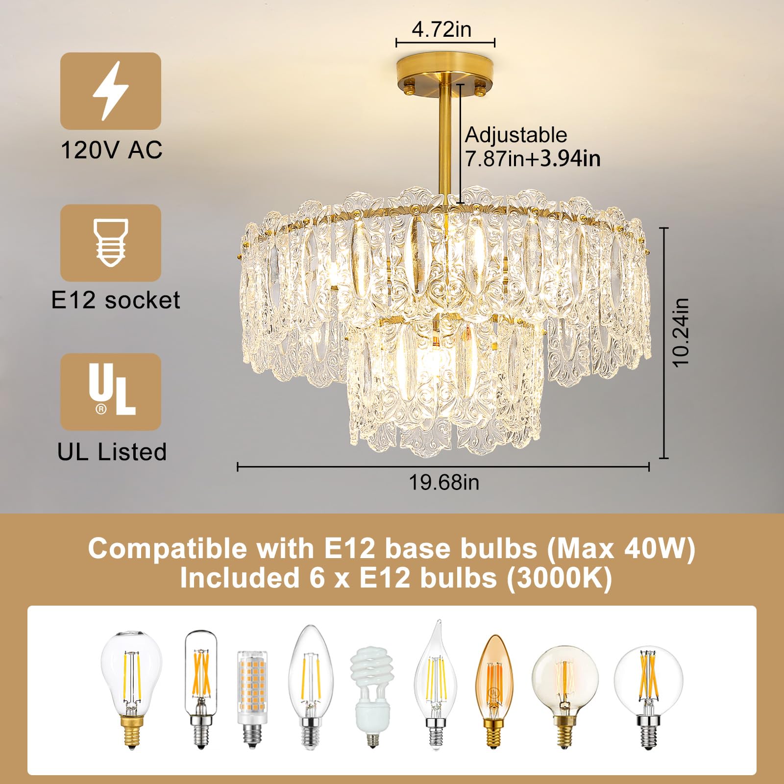 Wansi Modern Crystal Chandeliers for Bedroom: 24" Gold Crystal Hanging Ceiling Light Fixture with 3 Tiers French Glass Lampshade - Semi Flush Mount Chandelier for Dining Room Kitchen Included Bulbs