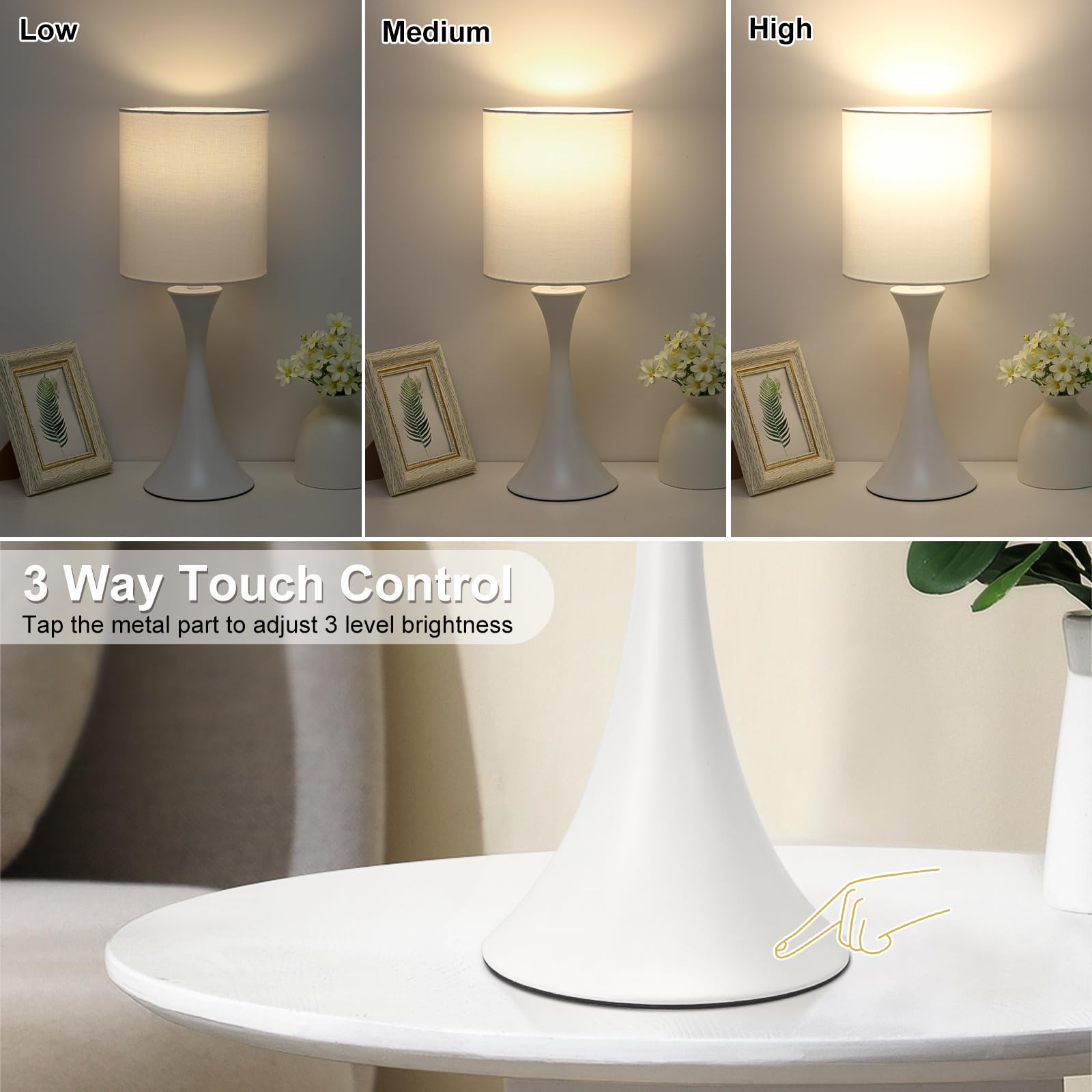 3 Way Touch Control Table Lamp, Dimmable Bedside Desk Lamp with Metal Base Modern Nightstand Lamp Stylish Grey Shade Simple Side Table Lamp for Bedroom, Living Room, Office or Den LED Bulb Included