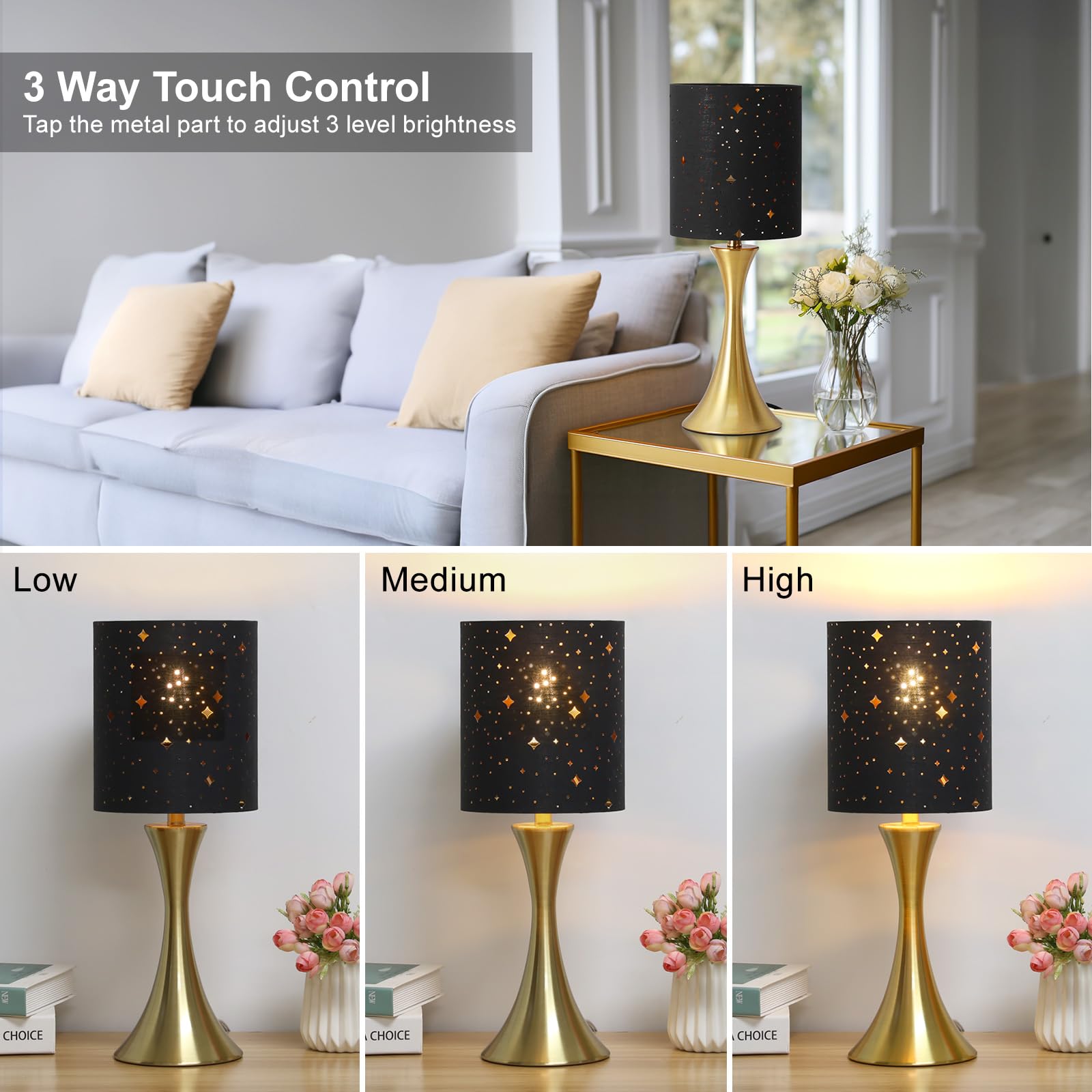 3 Way Touch Control Table Lamp, Dimmable Bedside Desk Lamp with Metal Base Modern Nightstand Lamp Stylish Grey Shade Simple Side Table Lamp for Bedroom, Living Room, Office or Den LED Bulb Included