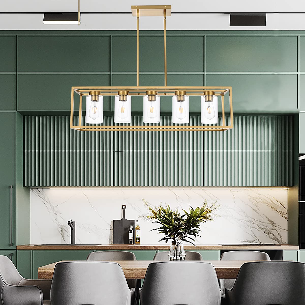 Farmhouse Chandelier for Kitchen Island, Matte Black 5-Light Dining Room Lighting Fixtures, Modern Rectangular Pendant Lighting Chandelier with Clear Glass Shade