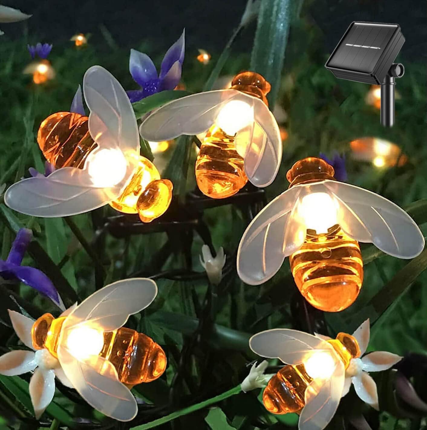 Solar String Lights 20LED Outdoor Waterproof Simulation Honey Bees Decor for Garden Xmas Decorations Warm White