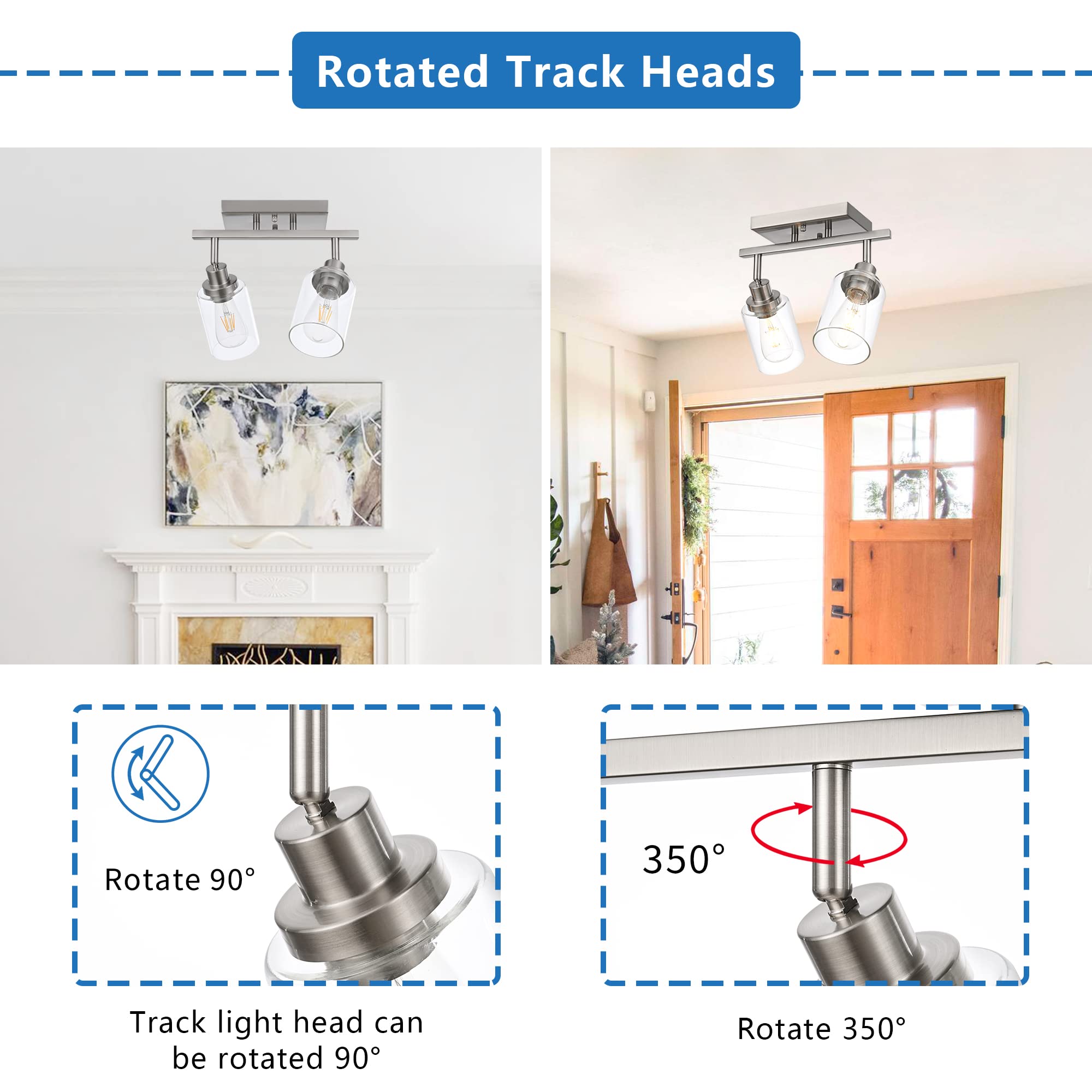 2-Light Adjustable Track Lighting Kit Brass Kitchen Track Lighting Fixtures Ceiling Spotlight with Clear Glass Shade for Hallway Foyer Bath Storage