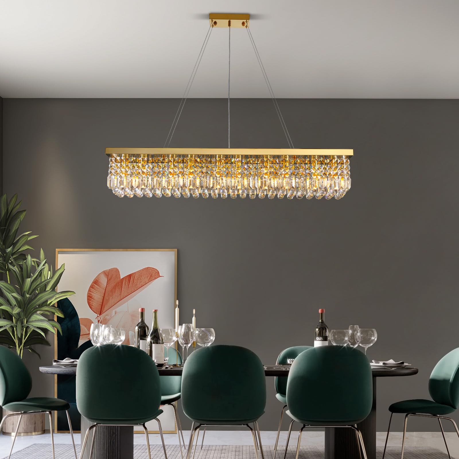 6-Light Modern Crystal Chandelier Rectangular Gold K9 Crystal Raindrop Chandelier for Dining Room, Luxury Adjustable Ceiling Pendant Light for Living Room Kitchen Island L31.5'' x W10'' x H10''