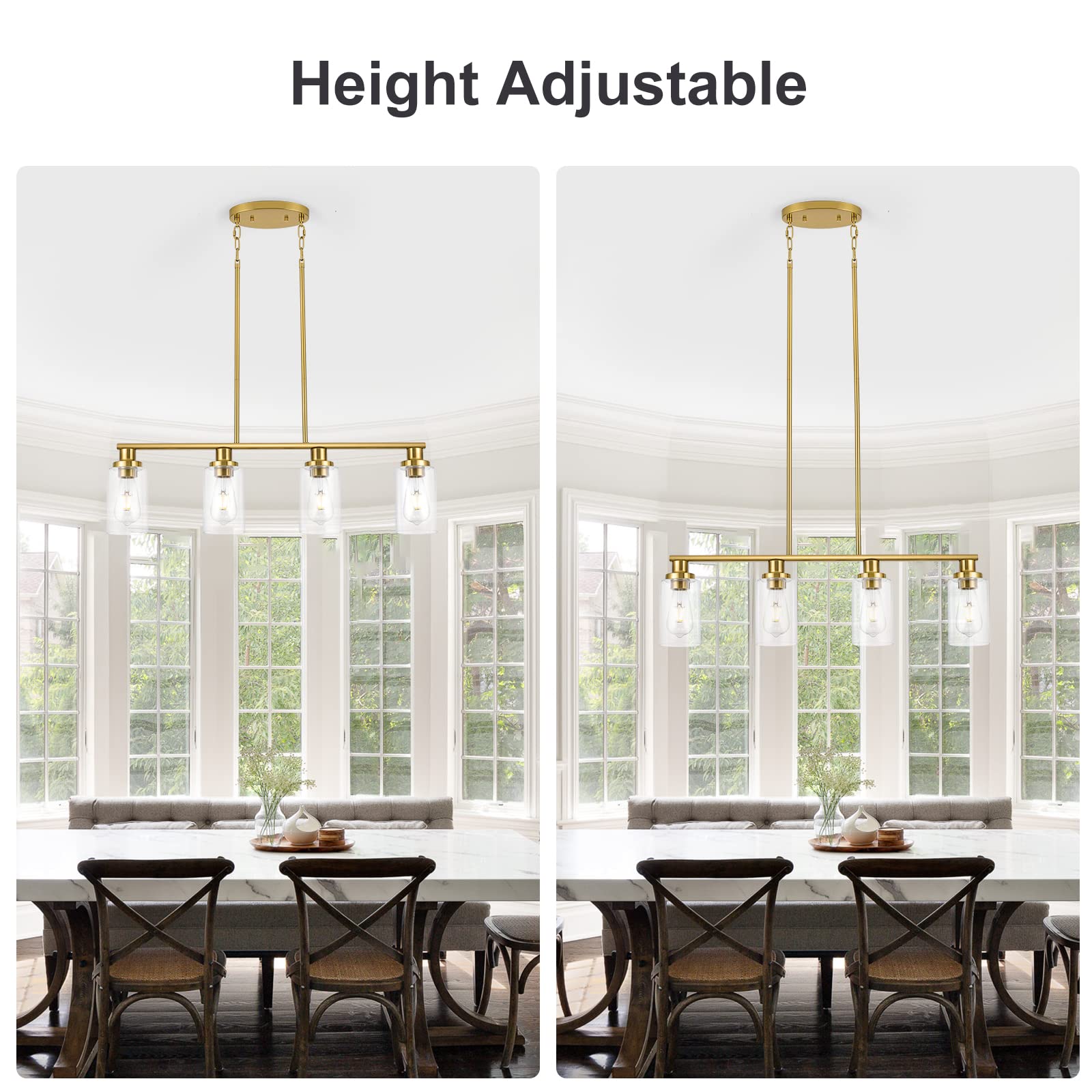 Kitchen Island Lighting, 4-Light Dining Room Light Fixtures Over Table, Gold Linear Chandelier for Dining Room Hanging,Pendant Lights Kitchen Island,with Clear Glass Shade,Height Adjustable