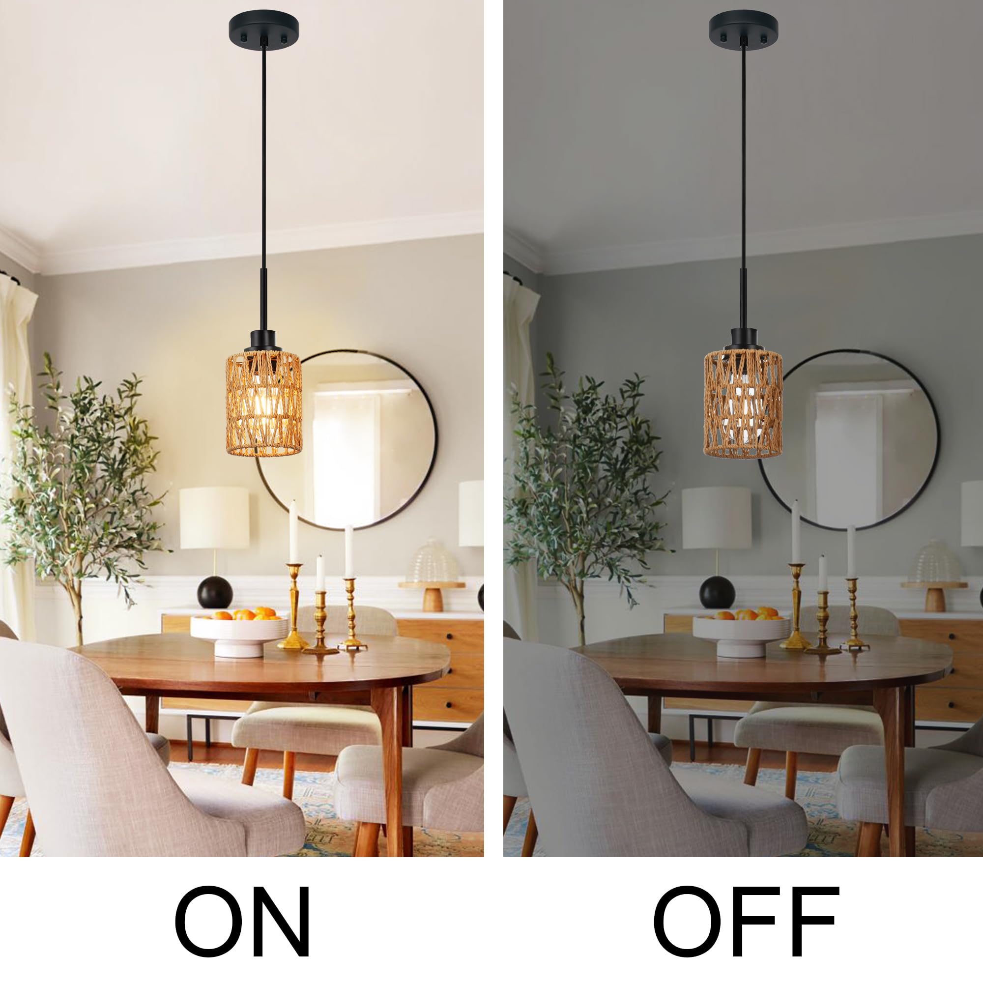 2 Pack Rattan Hanging Light Fixture Boho Pendant Light Black Adjustable Dining Table Light Fixture with Rattan Lamp Shade, Set of Two Mini Pendant Lighting for Kitchen Island Hallway Stair