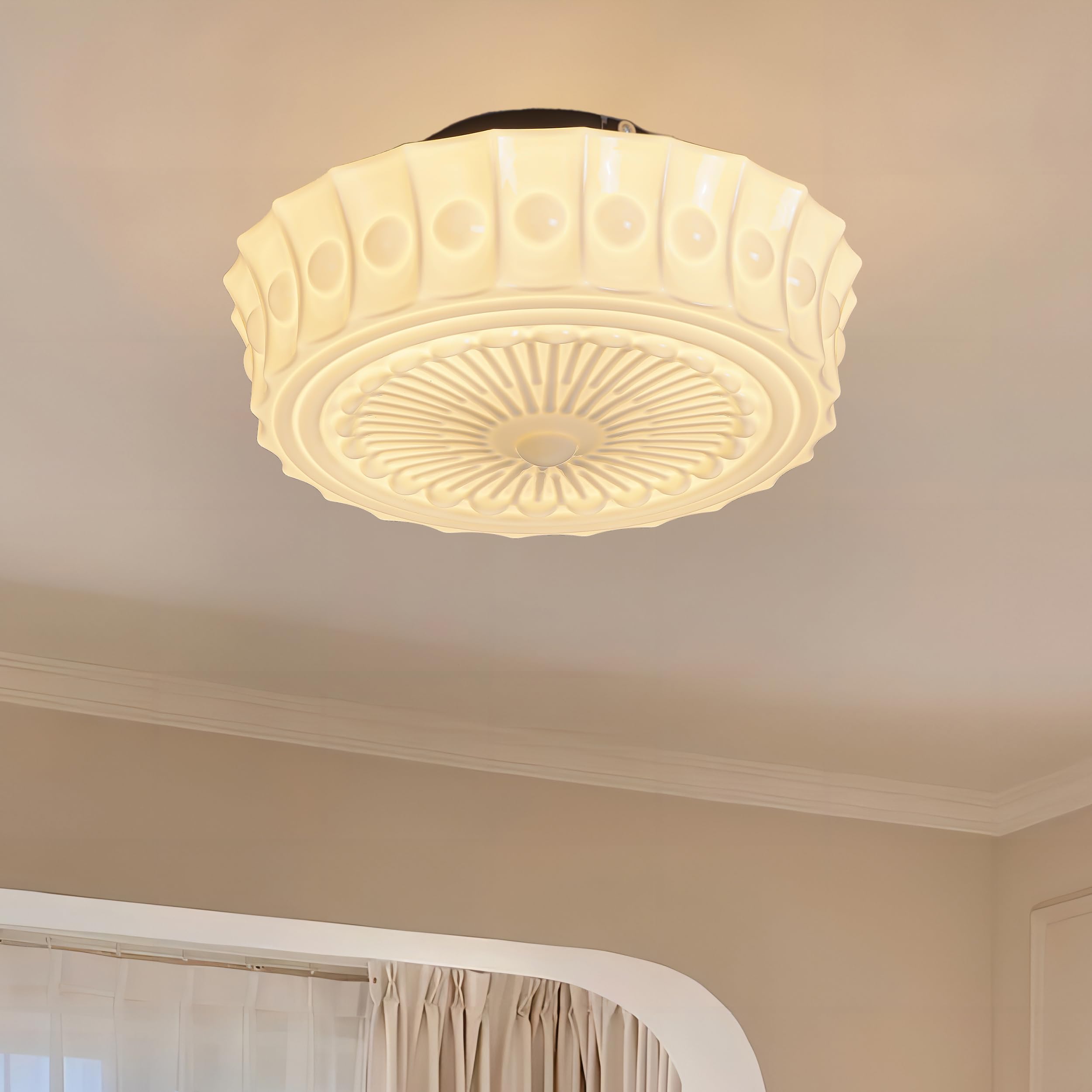 Ceiling Light Fixture, 13.8" Milk Glass Semi Flush Mount Ceiling Light, Mid Century Vintage Ceiling Light for Bedroom Hallway Kitchen, 4*G9 Dimmable Bulbs Included, Cream Yellow