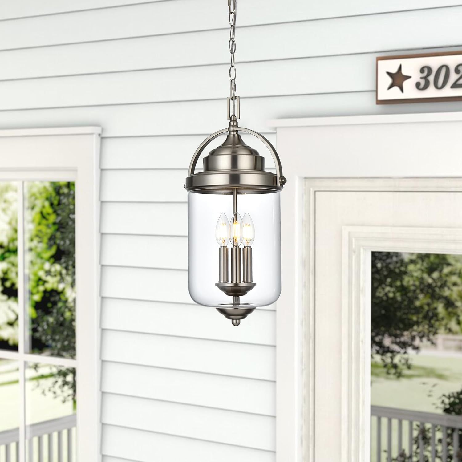 Outdoor Pendant Lights for Porch, 3-Light Outdoor Chandelier Exterior Hanging Lantern in Brushed Nickel Finish with Clear Glass, Front Door Hallway Porch Lighting