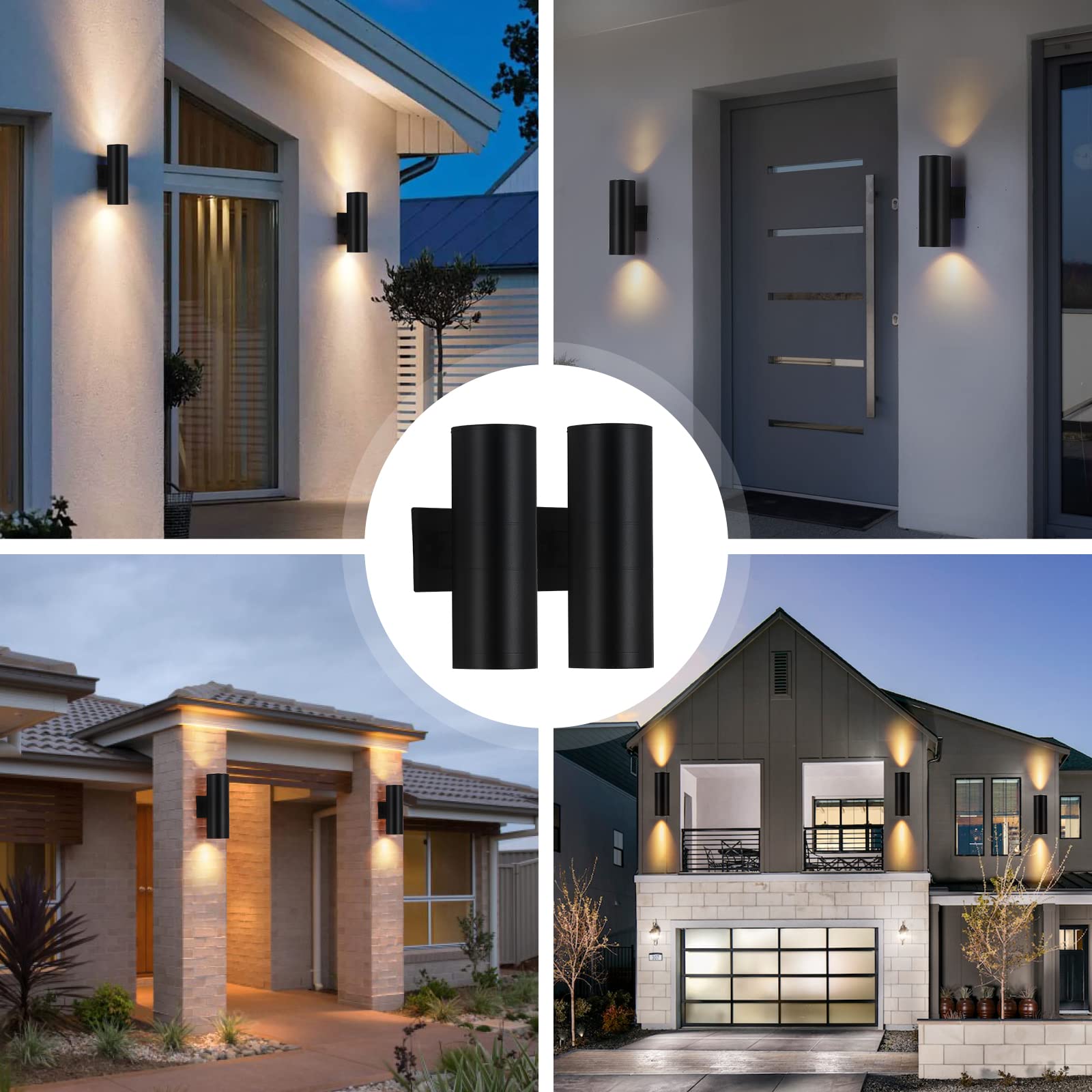 Outdoor Wall Lights 4 Pack, Porch Lights Outdoor, Black Waterproof Exterior Light Fixture with Aluminum Cylinder, Up and Down 2 Lights Modern Outdoor Sconce Lights for Porch Patio House