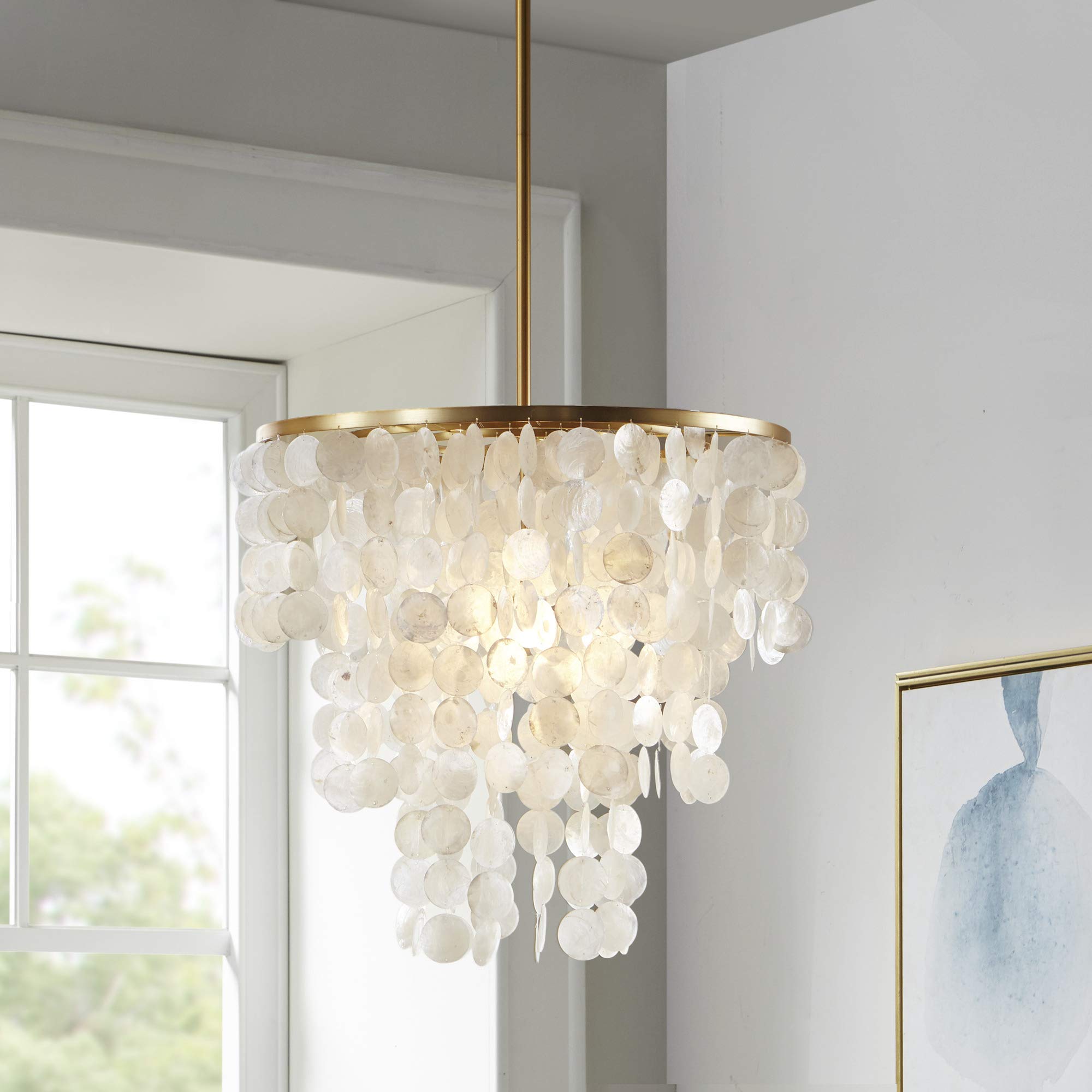 Modern Classic Chandeliers-Metal, White Shell Shade Pendant Ligthing Lamp Ceiling Dining Room Lighting Fixtures Hanging