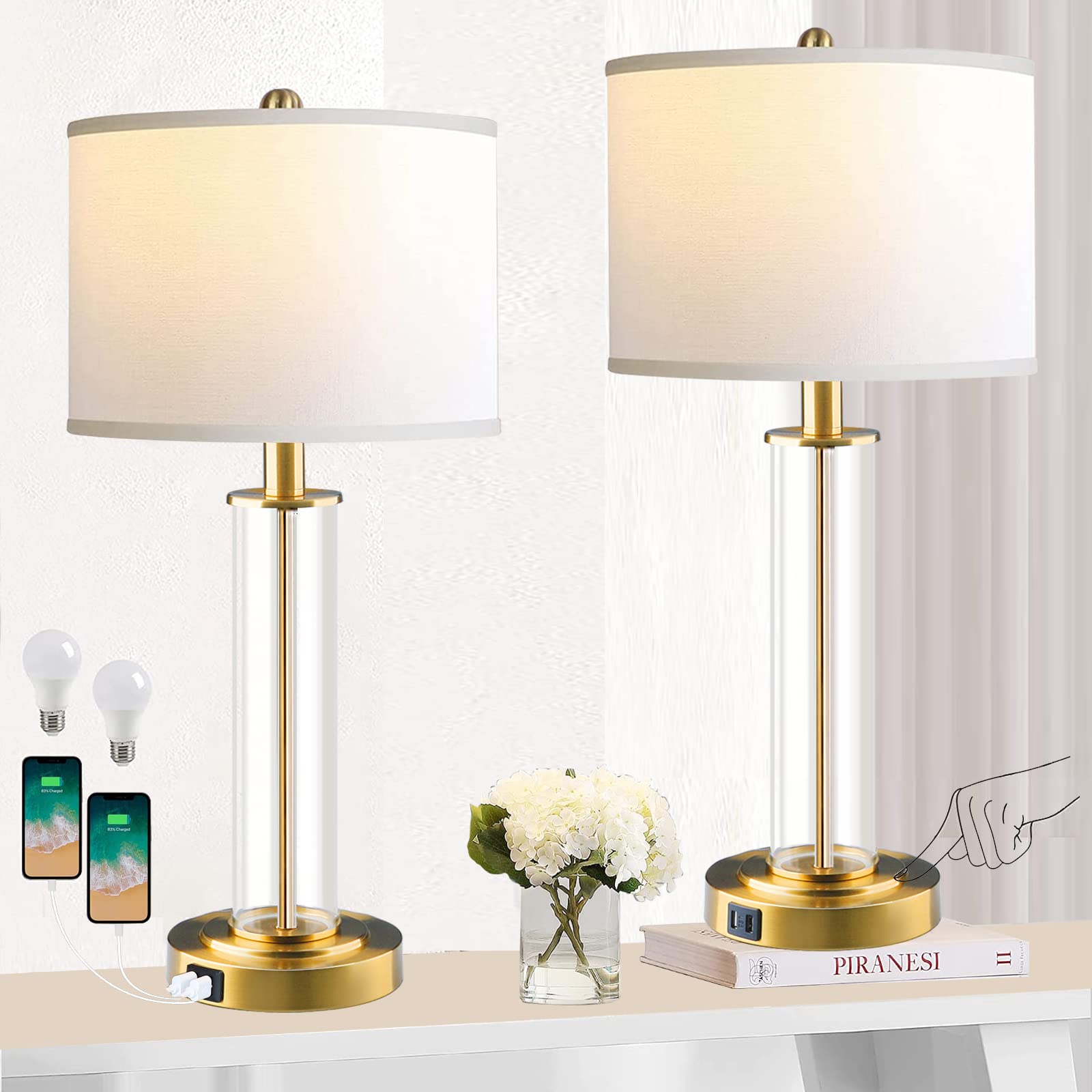 Table Lamps for Bedrooms Set of 2, 26'' Tall Glass Bedside Table Lamp with Dual USB Charging Ports,Touch Bedroom Modern Lamps with Gery Fabric LampShade for Nightstand Living Room,Bulbs Included