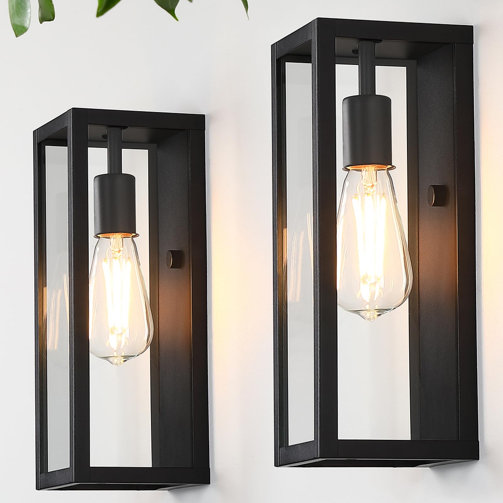 Outdoor Exterior Wall Lights for House 2Packs, 12.6'' Matte Black Rectangular Metal Frame & Clear Glass Shade, Waterproof Outdoor Garage Lights Patio Wall Sconce Porch Light, Bulb Not Included