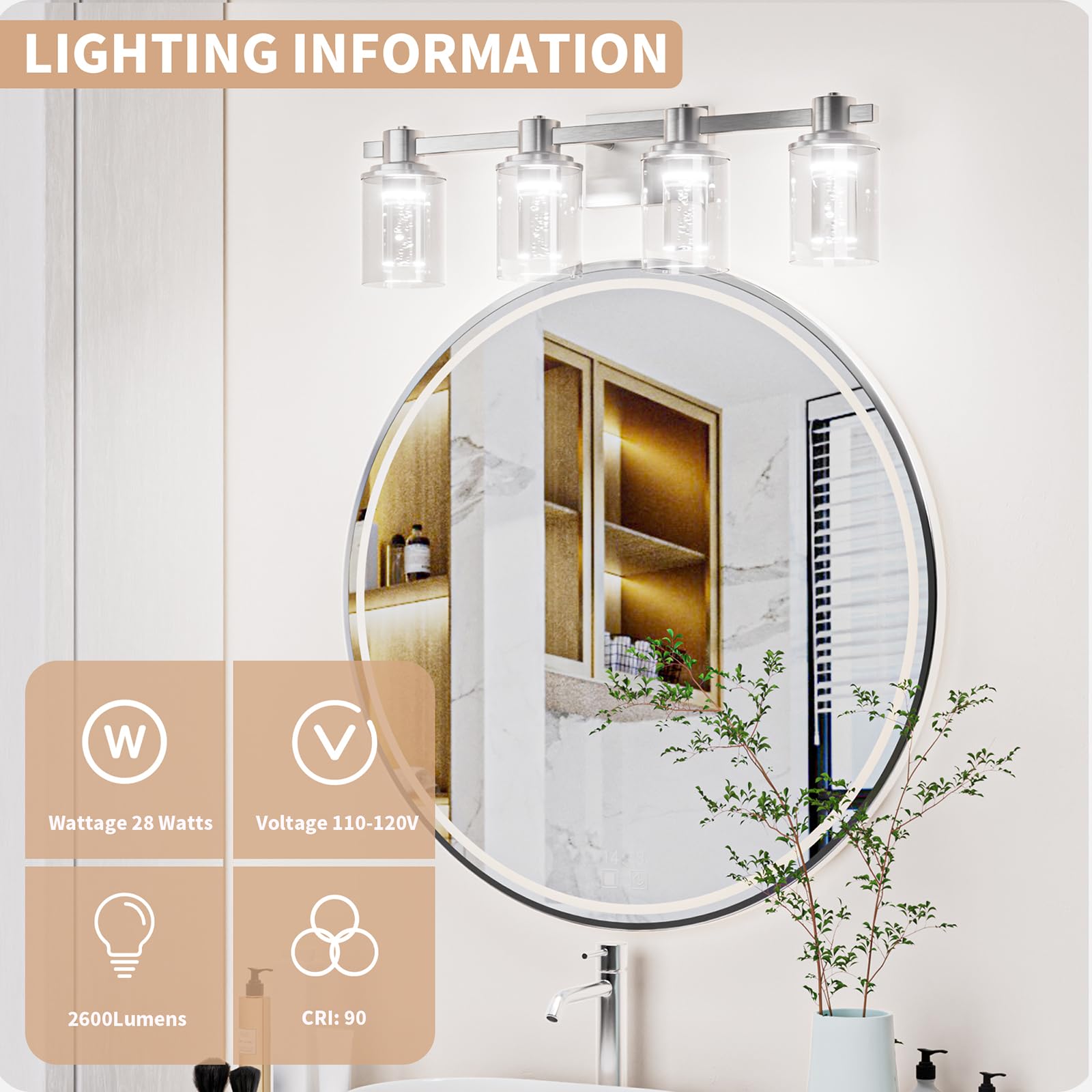 Bathroom Vanity Light Fixtures, 3-Light LED Lighting Fixtures Over Mirror, 5 CCT Modern Chrome Vanity Light for Bathroom with Crystal Bulb Clear Glass Shade Dimmable Bathroom Wall Lamp