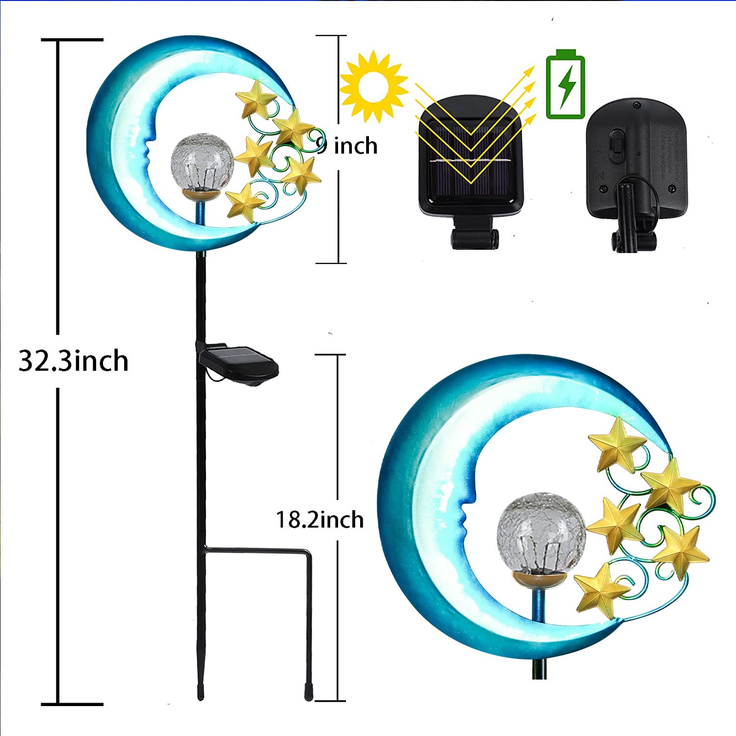 Solar Outdoor Garden Lights - Solar Powered Pathway Lights Outdoor Decorative Lights Waterproof Crackle Glass Globe Led Landscape Lighting for Pathway,Yard,Lawn,Patio Stars Moon