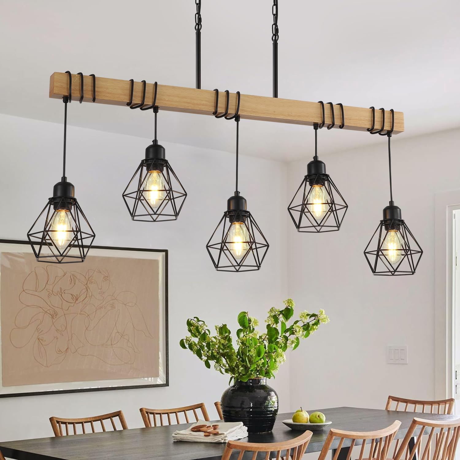 5-Light Kitchen Island Lighting,Modern Chandelier Over Table, Dining Room Light Fixture Hanging for Modern Farmhouse Linear Chandeliers Black Rustic Wood Ceiling Pendant Light Fixtures