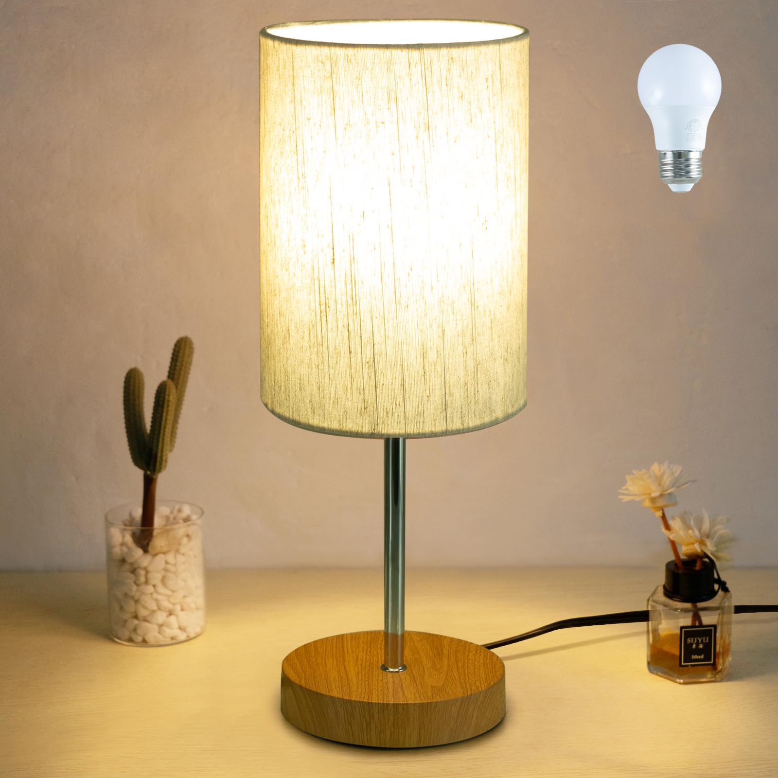 Small Table Lamp for Bedroom, Bedside Lamps for Nightstand with Wire Switch, Minimalist Modern Desk Lamps with Linen Fabric Shade for Kids Room Living Room Office Dorm