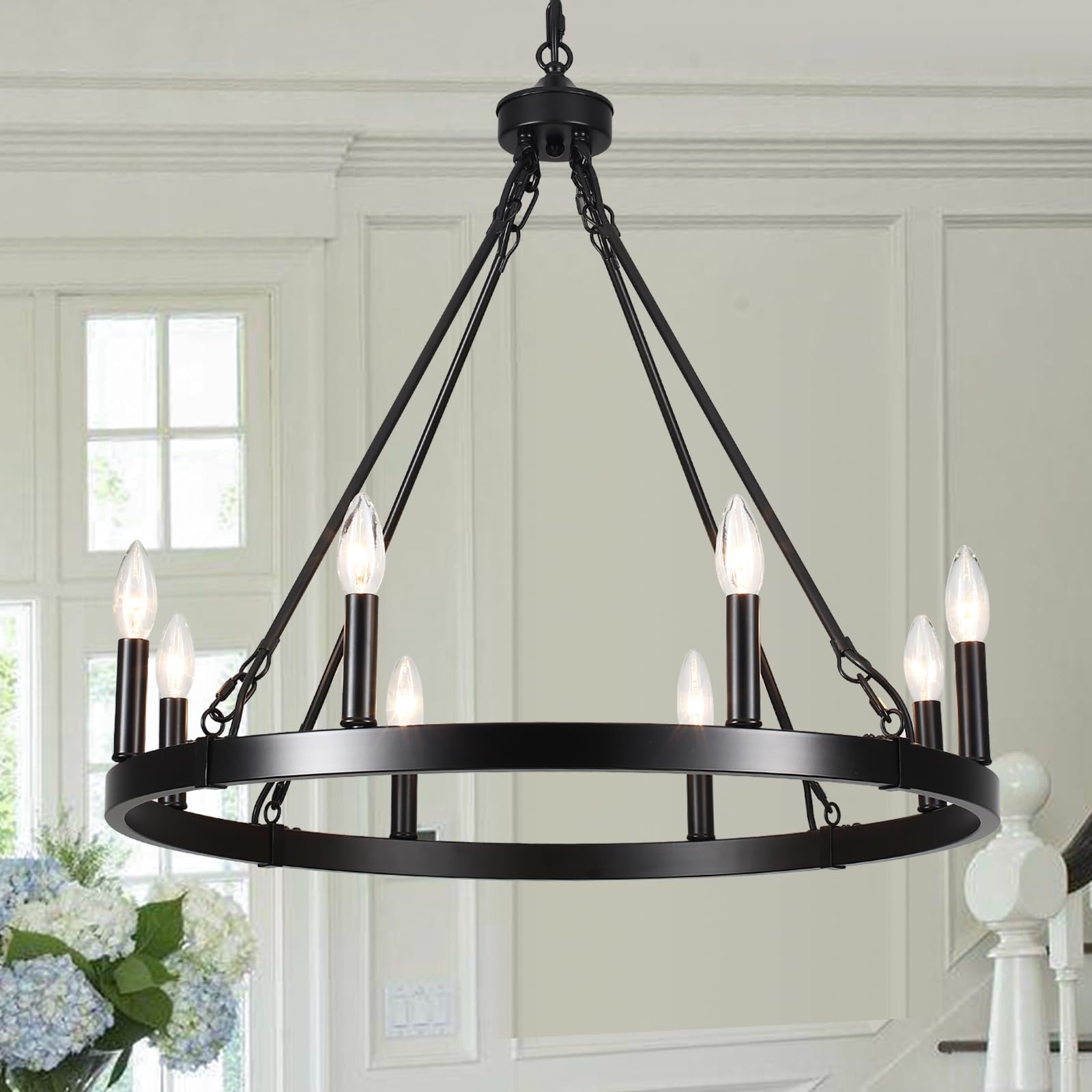 Wooden Chandeliers for Dining Room, 5 Lights Farmhouse Orb Chandeliers Antique White & Black French Country Chandelier for Living Room Kitchen Foyer