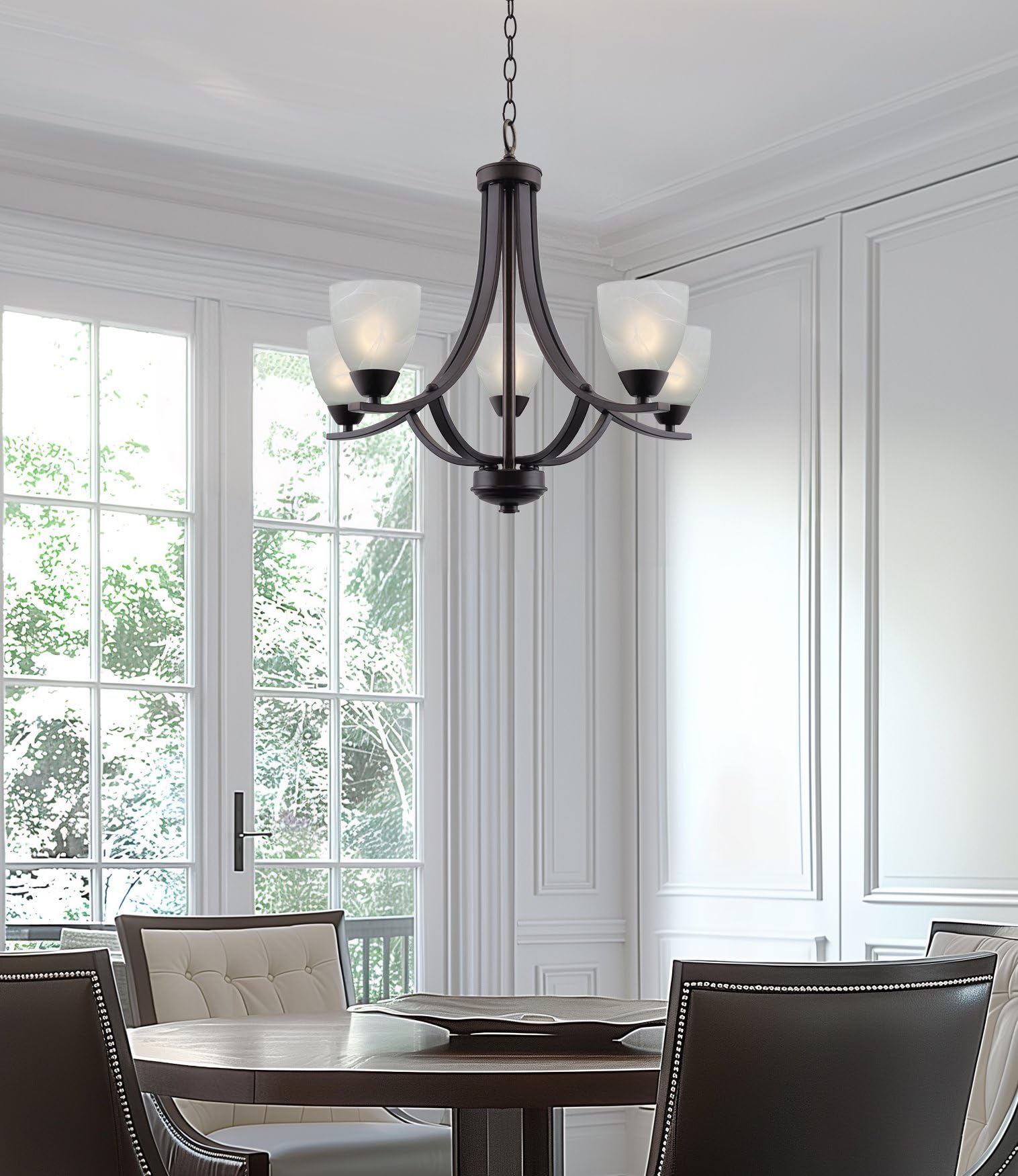 24" Contemporary 5-Light Large Chandelier + Alabaster Glass Shades, Adjustable Chain, Brushed Nickel Finish