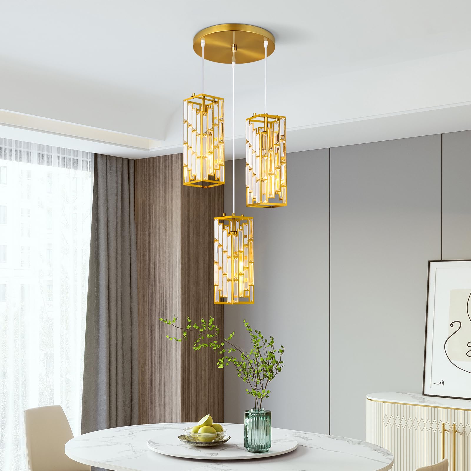 Gold Pendant Lighting Modern Pendant Light, Mini Crystal Chandeliers,Adjustable Pendant Light Fixture for Kitchen Island Dinning Room Bedroom (3 Pack)