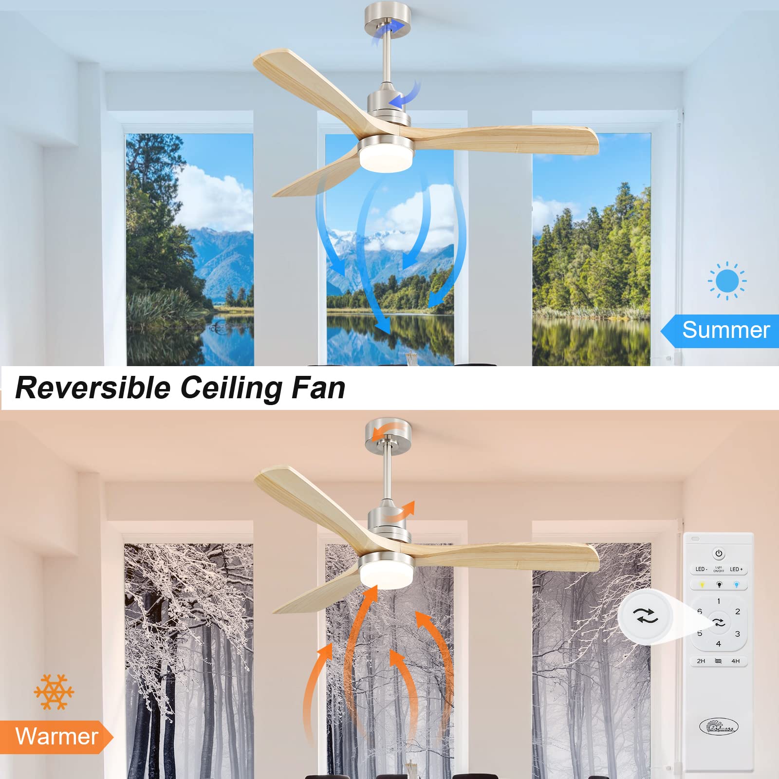 Low Profile Ceiling Fan With Lights Remote Control 52 Inch Flush Mount Ceiling Fan Modern Wood Blade Fan For Bedroom Living Room Indoor Outdoor Farmhouse Patio, Noiseless DC Motor