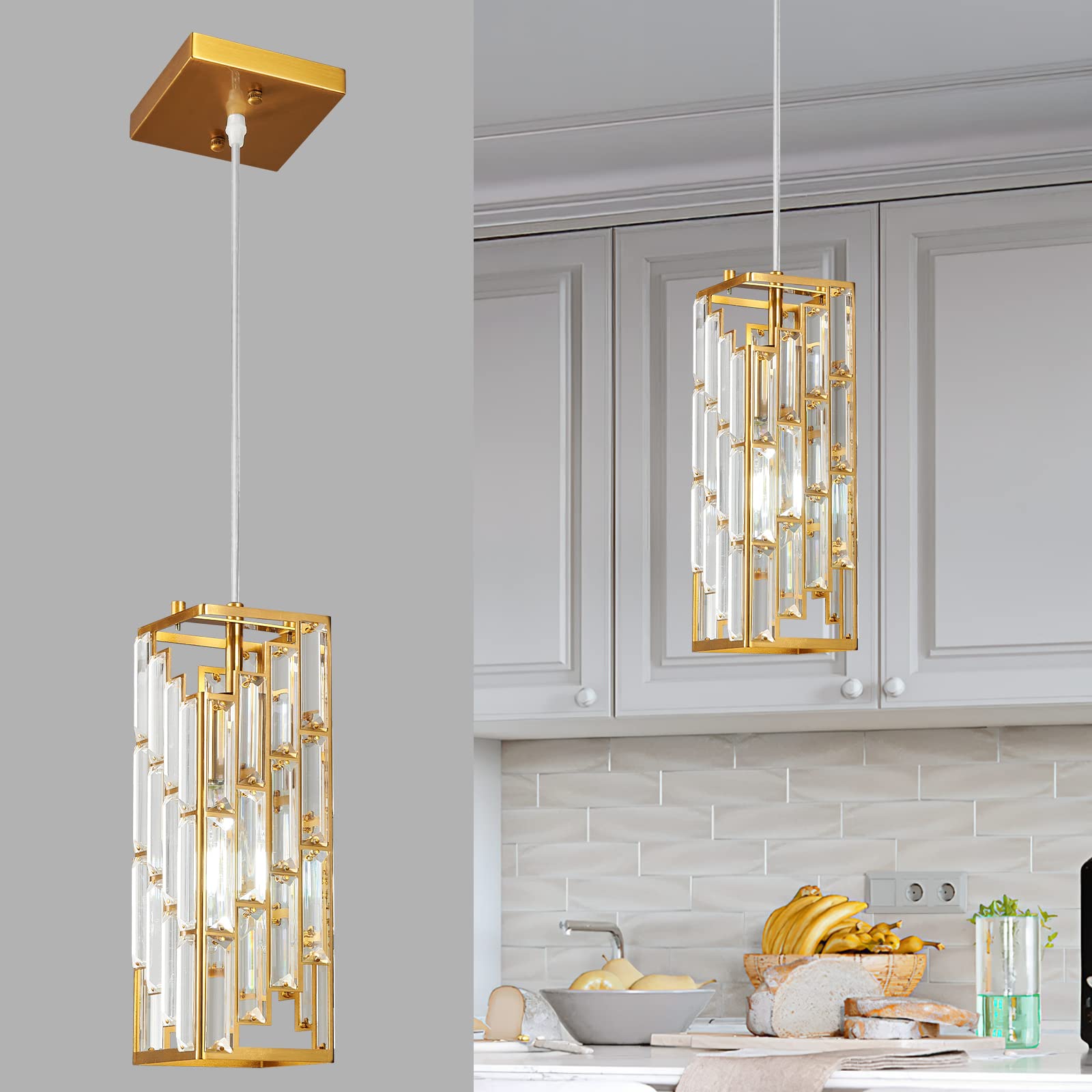 Gold Pendant Lighting Modern Pendant Light, Mini Crystal Chandeliers,Adjustable Pendant Light Fixture for Kitchen Island Dinning Room Bedroom (3 Pack)