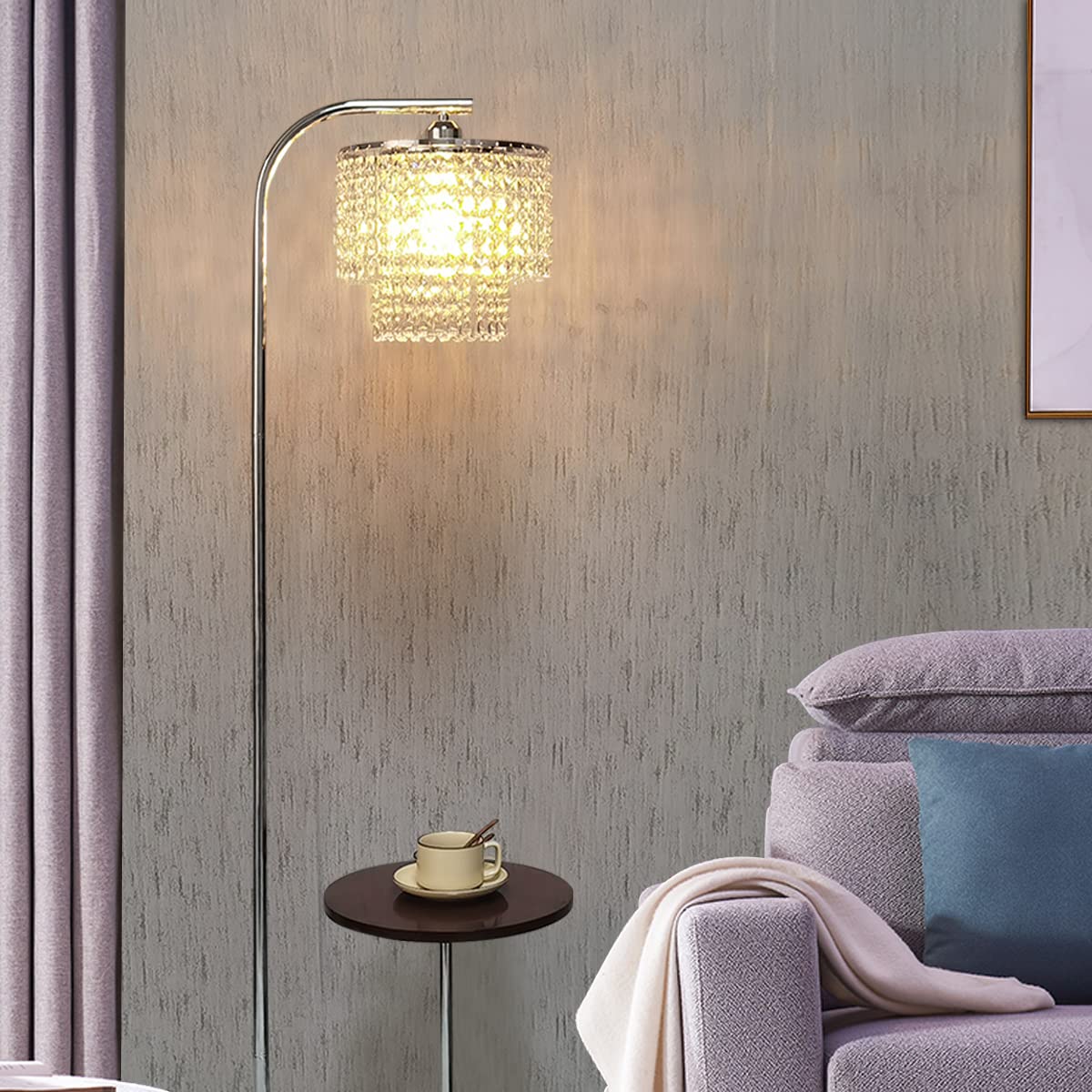 Arc Crystal Floor Lamp for Living Room - Marble Base Modern Tall Stand Up Light with Table,Contemporary Over The Couch Gold Lamp Standing Lamps for Bedroom Office Living Room