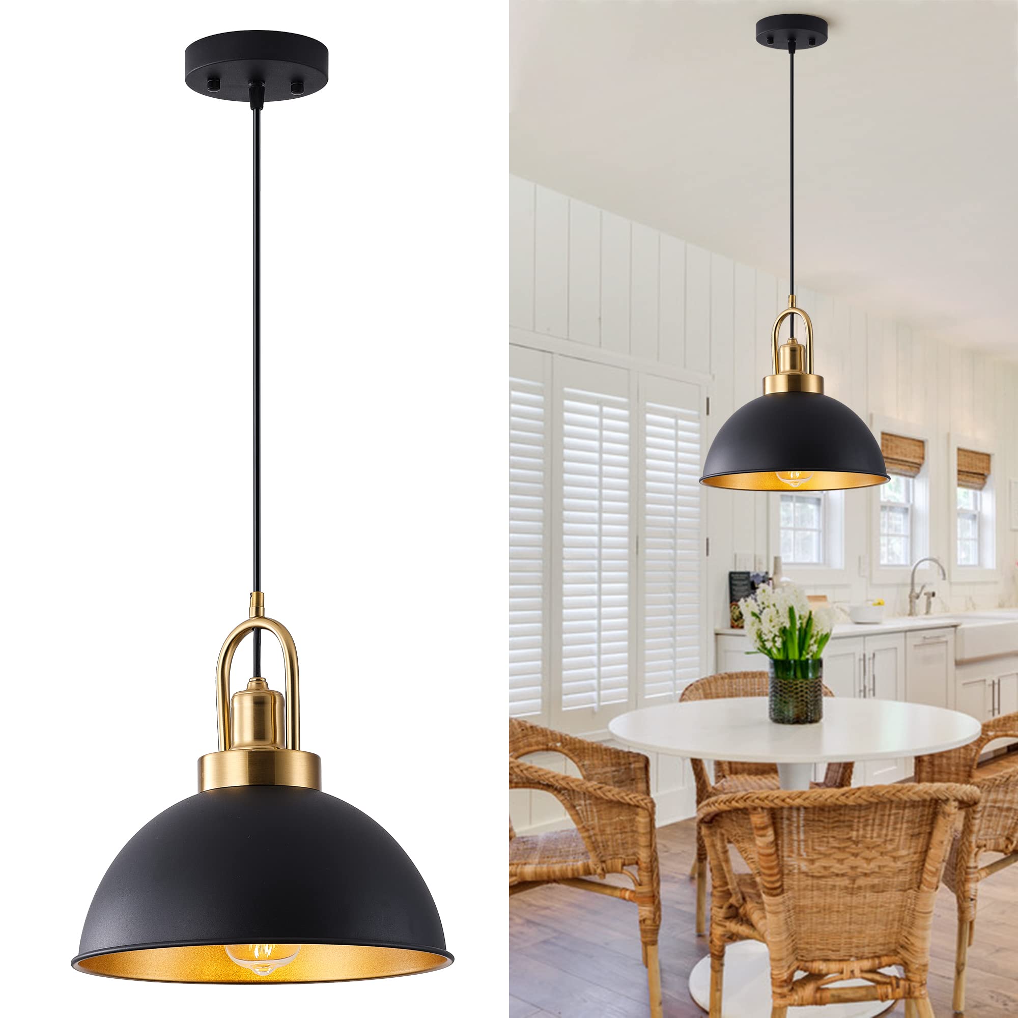 Black Farmhouse Pendant Light, Adjustable Height, Vintage Hanging Industrial Ceiling Lights Fixture for Kitchen Island Hallway Dining Room 2 Pack