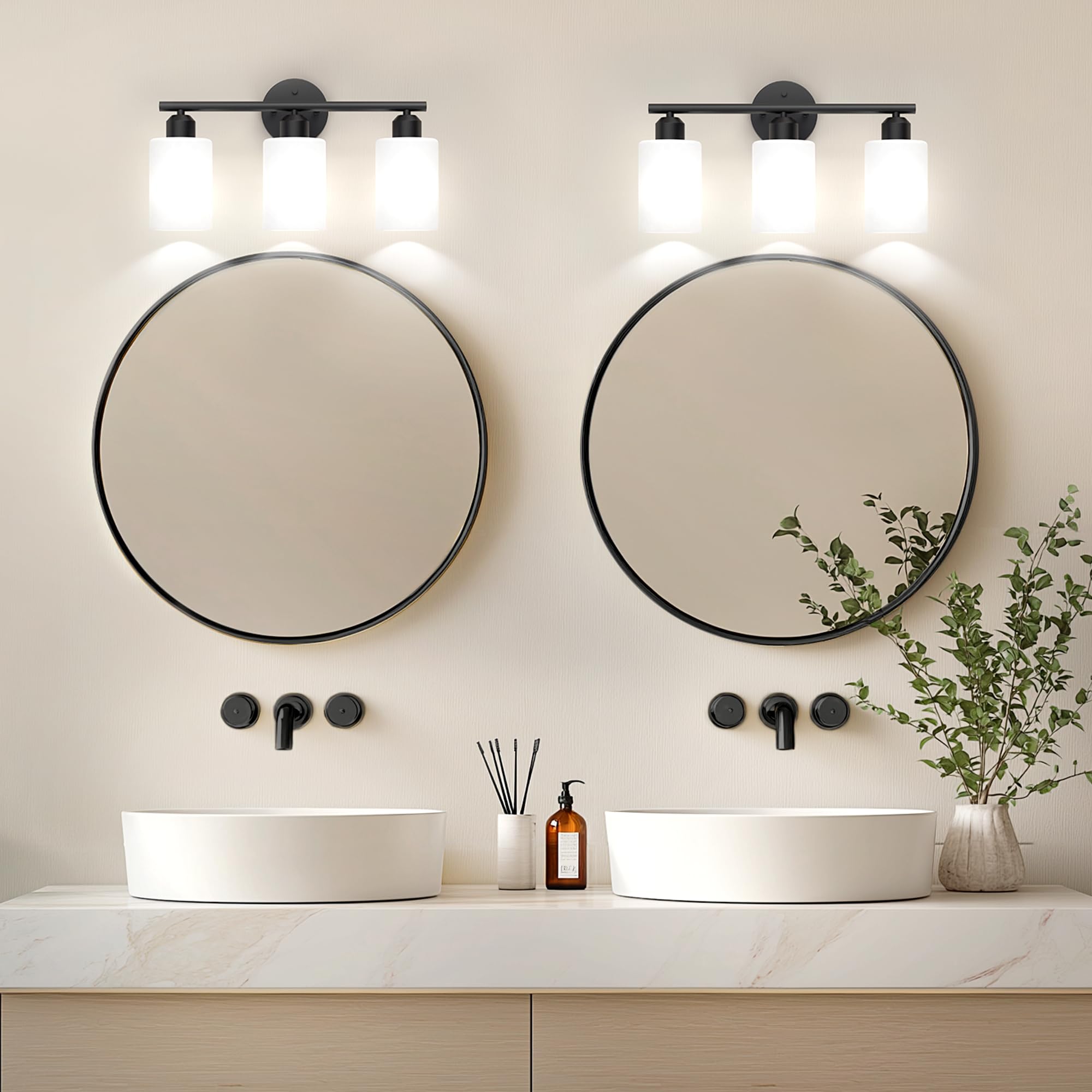 Bathroom Vanity Light Fixtures Matte Black Bathroom Lighting Fixture, 3 Lights Bathroom Light Fixture Over Mirror, Modern Black Vanity Light, UL Certified Wall Sconces with Glass Shades