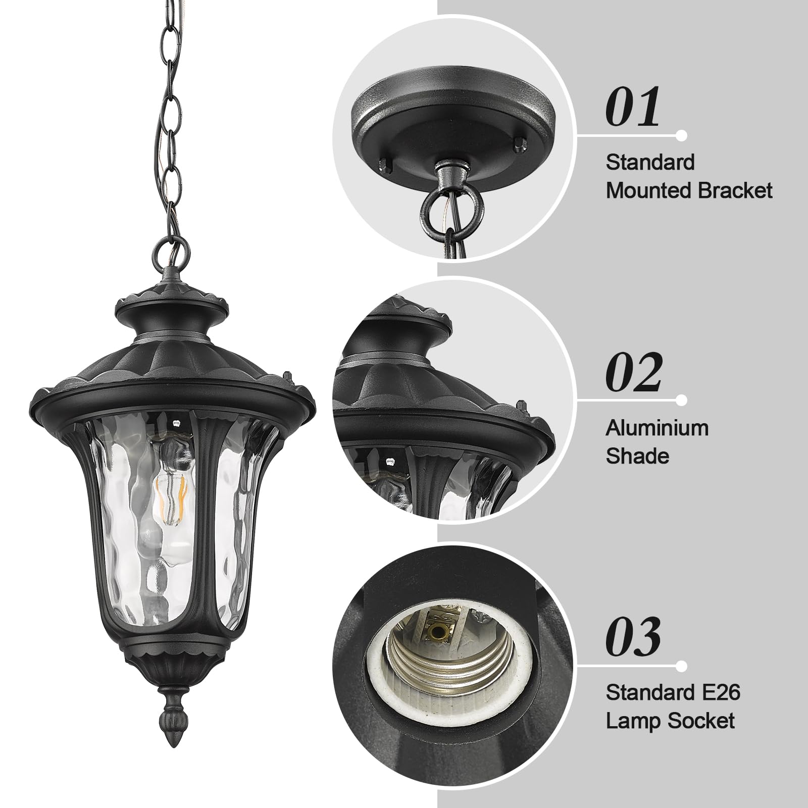 Outdoor Pendant Light for Porch, Exterior Hanging Lantern Outdoor Chandelier in Black Finish for Entryway, Doorway, Farmhouse, Foyer