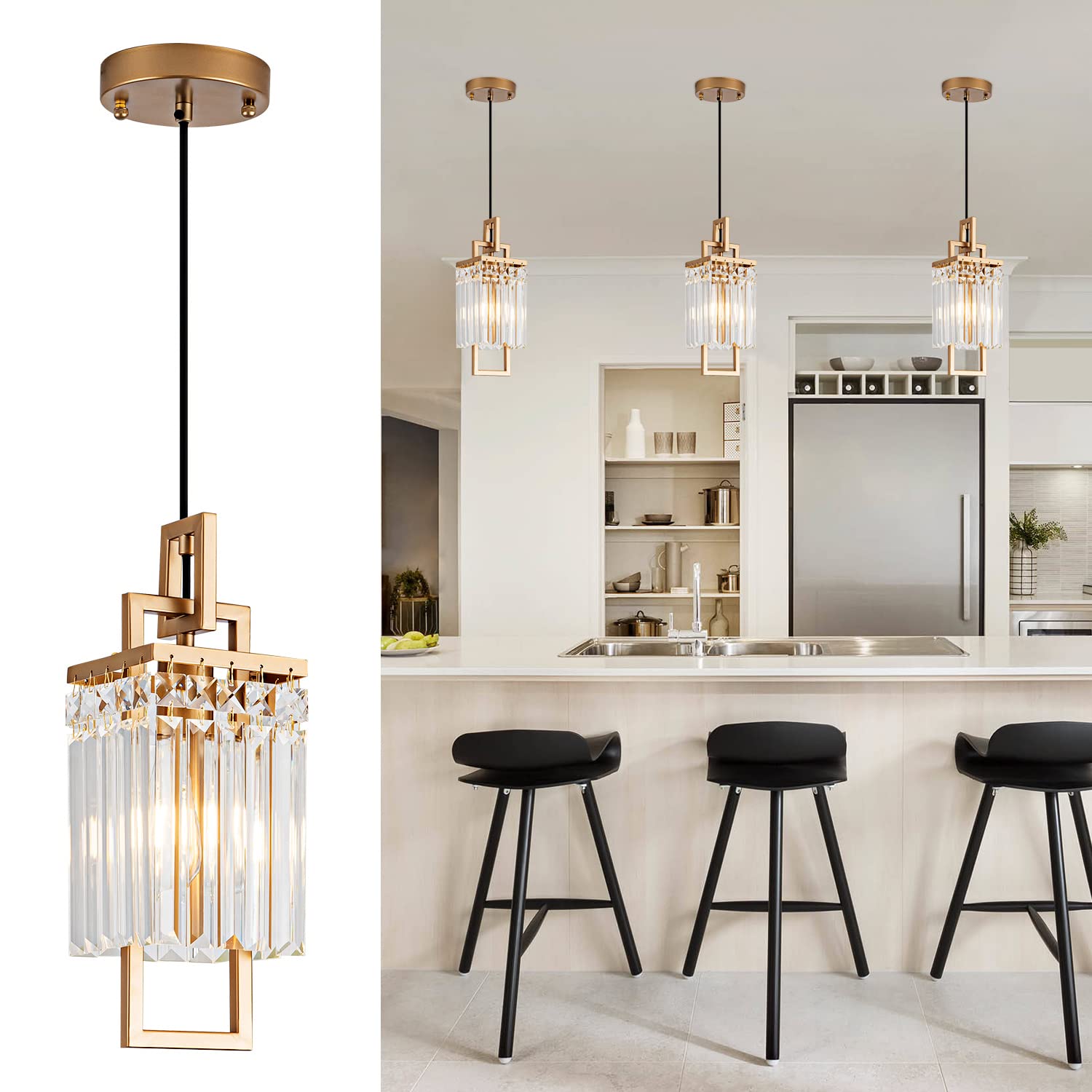 Modern Gold Pendant Light Fixtures for Kitchen Island and Dining Room, Industrial Small Hanging Crystal Chandelier Light Fixture for Bedroom Entryway Living Room Foyer Hallway 3-Pack