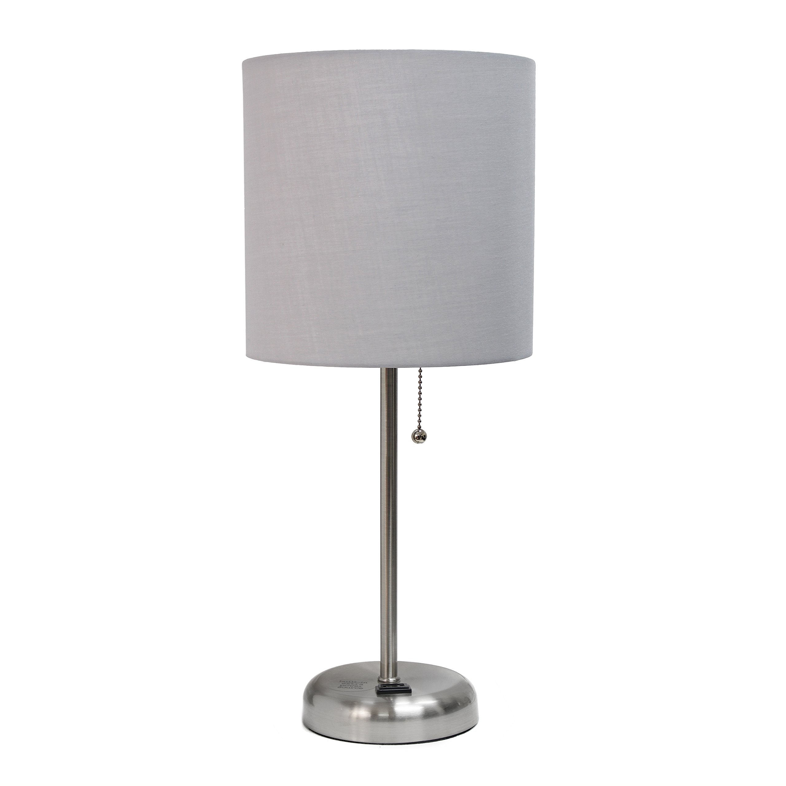 Brushed Steel Stick Table Desk Lamp with Charging Outlet and Drum Fabric Shade, Gray Shade