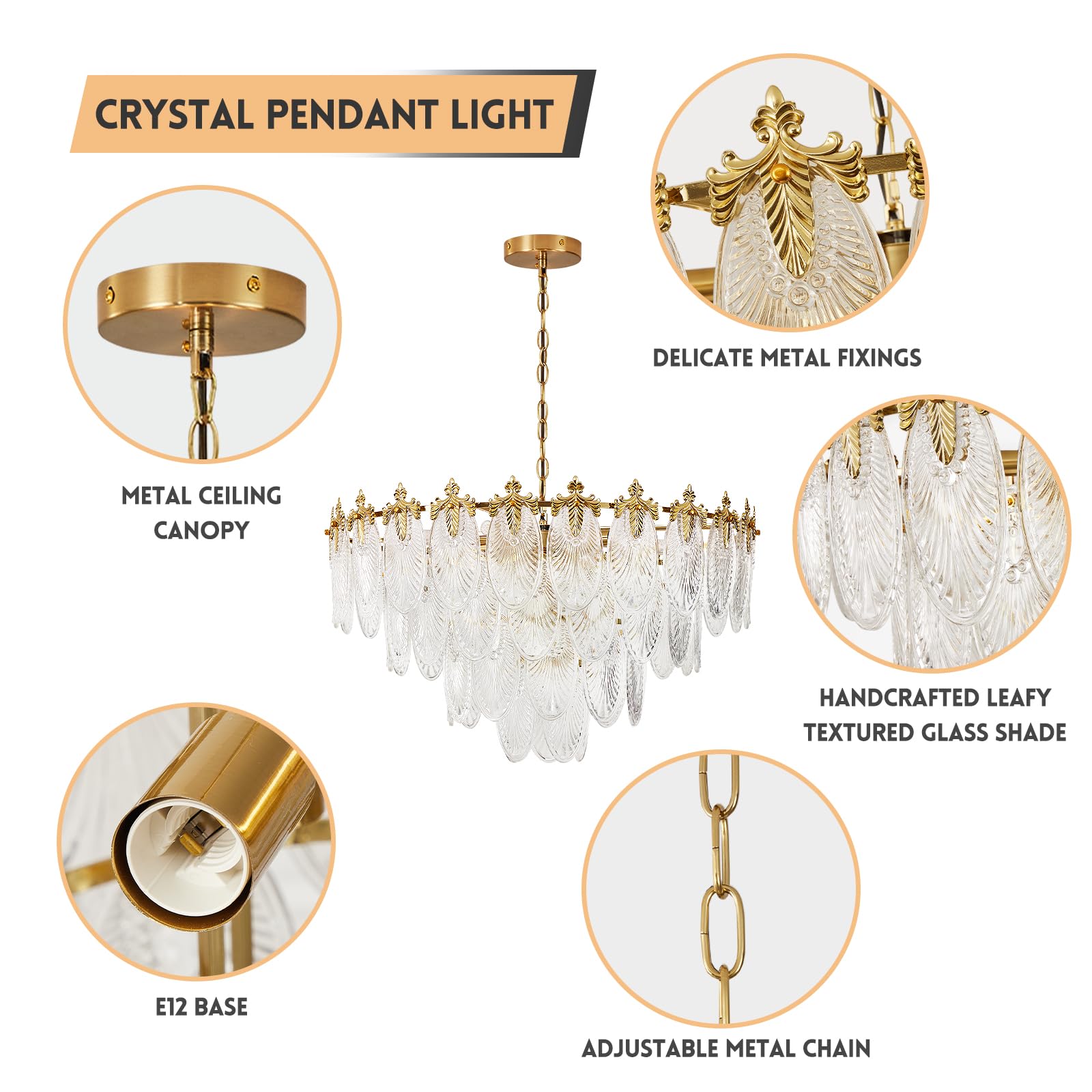 Antique Chandeliers 3-Layer Crystal Glass Chandelier, 9-Lights Round Pendant Light 23.6" Brushed Brass Gold Adjustable Height, Applicable to Dining Room, Bedroom, Living Room, Foyer, Kitchen Island