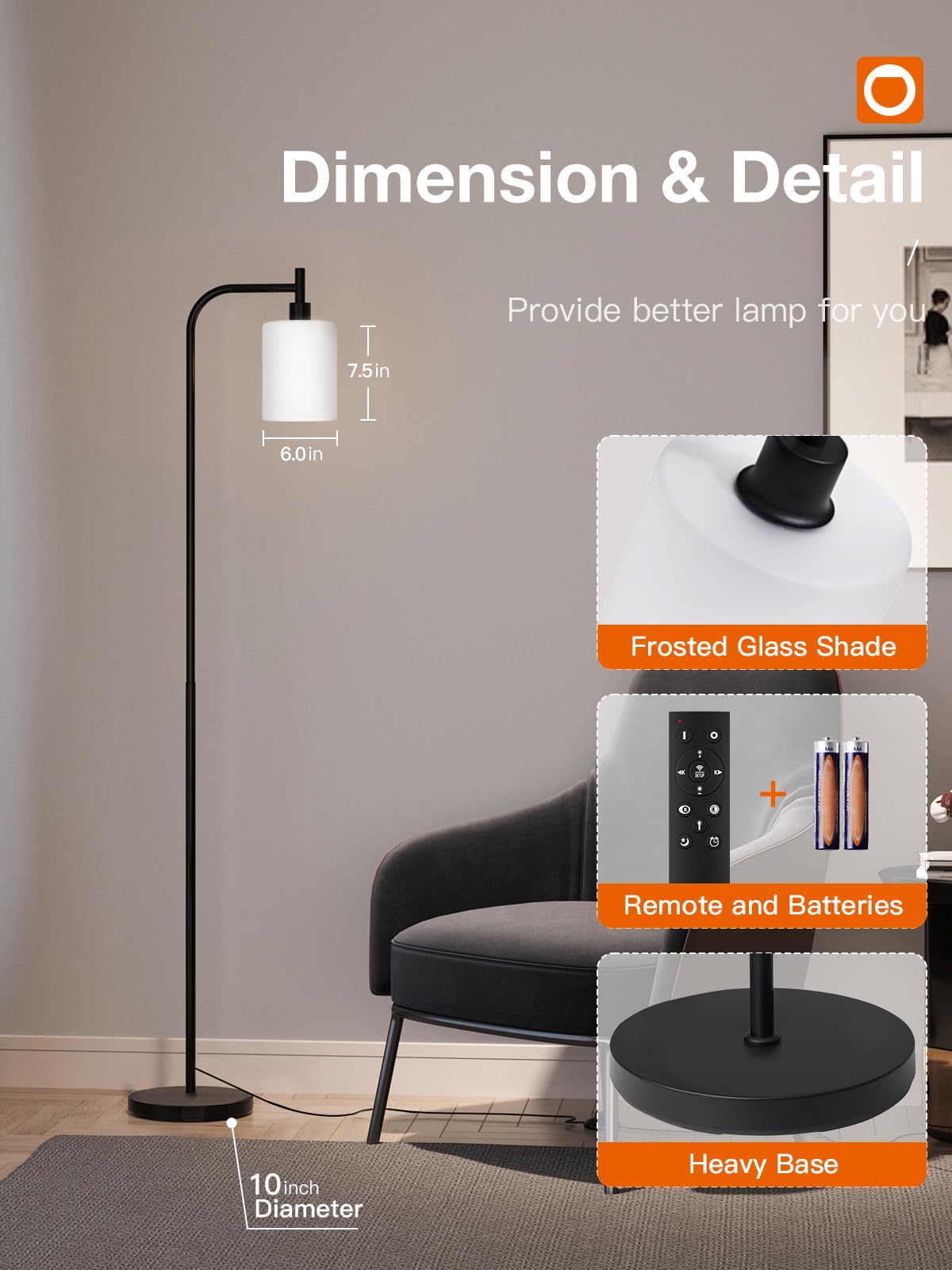 Floor Lamps for Living Room Bright Lighting with Glass lampshade, Modern Bright Floor Lamp with LED Bulbs Industrial Standing lamp for beroom, Tall Pole Lamps Office - Black