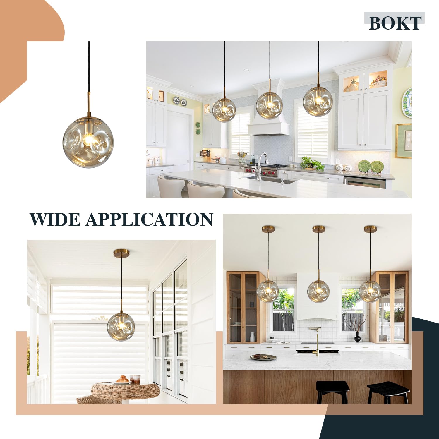 BOKT Modern Gold Kitchen Island Pendant Light Mid Century 3-Lights Globe Pendant Light Fixture Cluster Multi Light Pendant Lighting Bedside Glass Ball Pendant Lamp