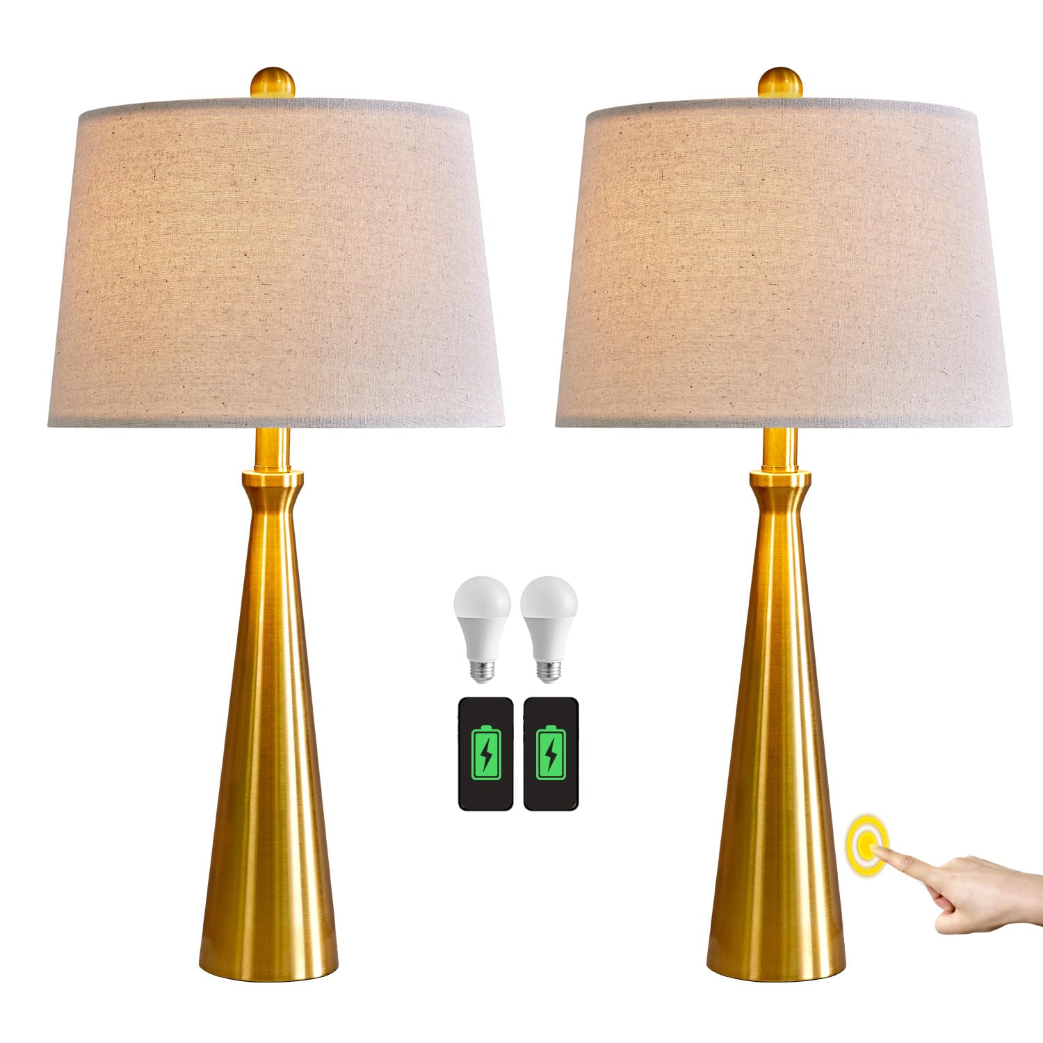 Modern Table Lamps with USB Port Set of 2 Accent Gold Nightstand Lamp for Living Room Bedroom Office Black